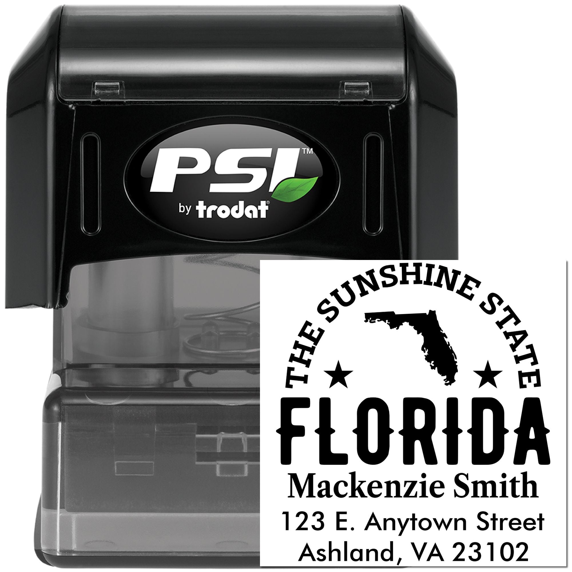 Custom Florida self-inking address stamp by PSI Trodat, personalized rubber stamp for mailing and business use.