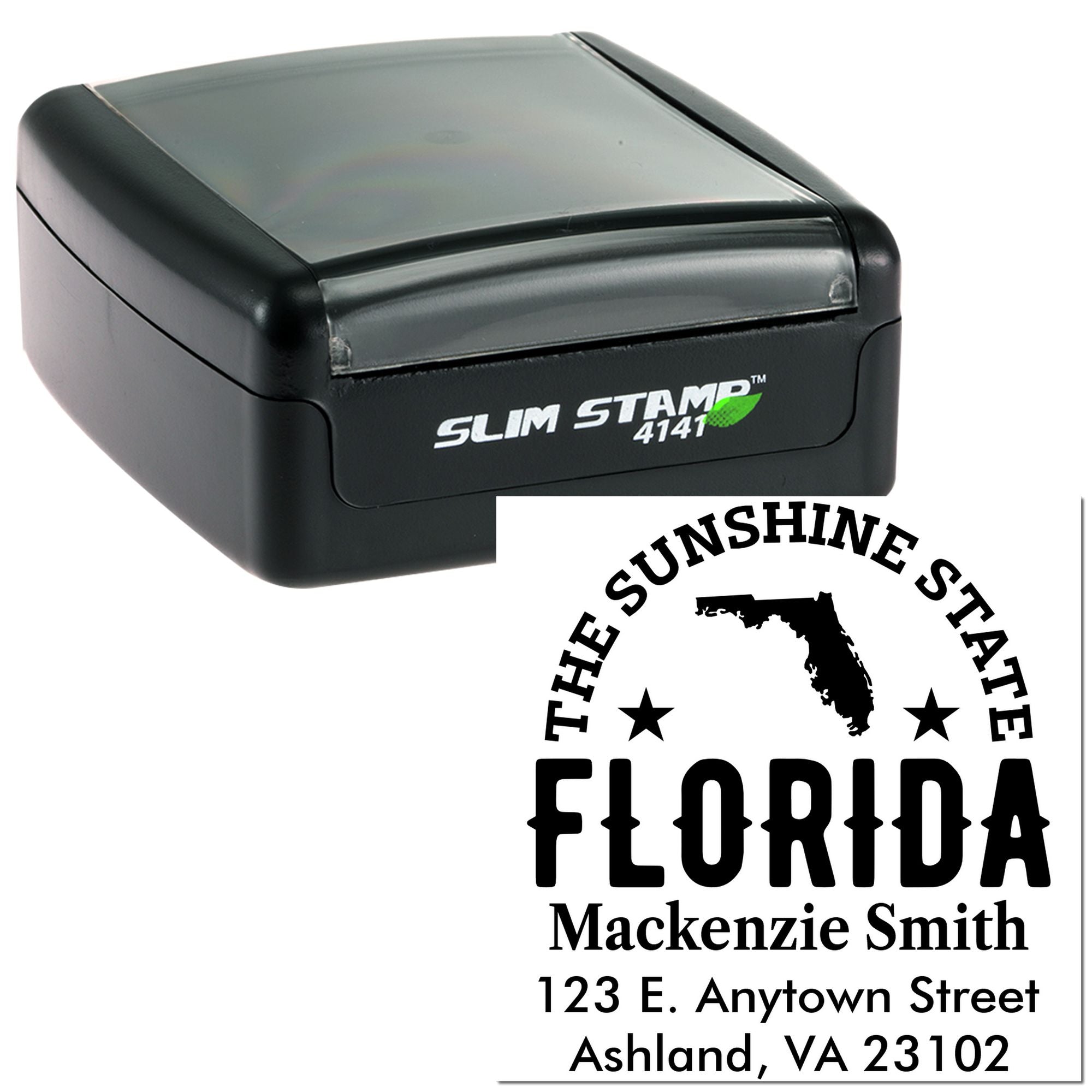 Custom self-inking rubber stamp for Florida address labels, featuring The Sunshine State design and return address imprint.