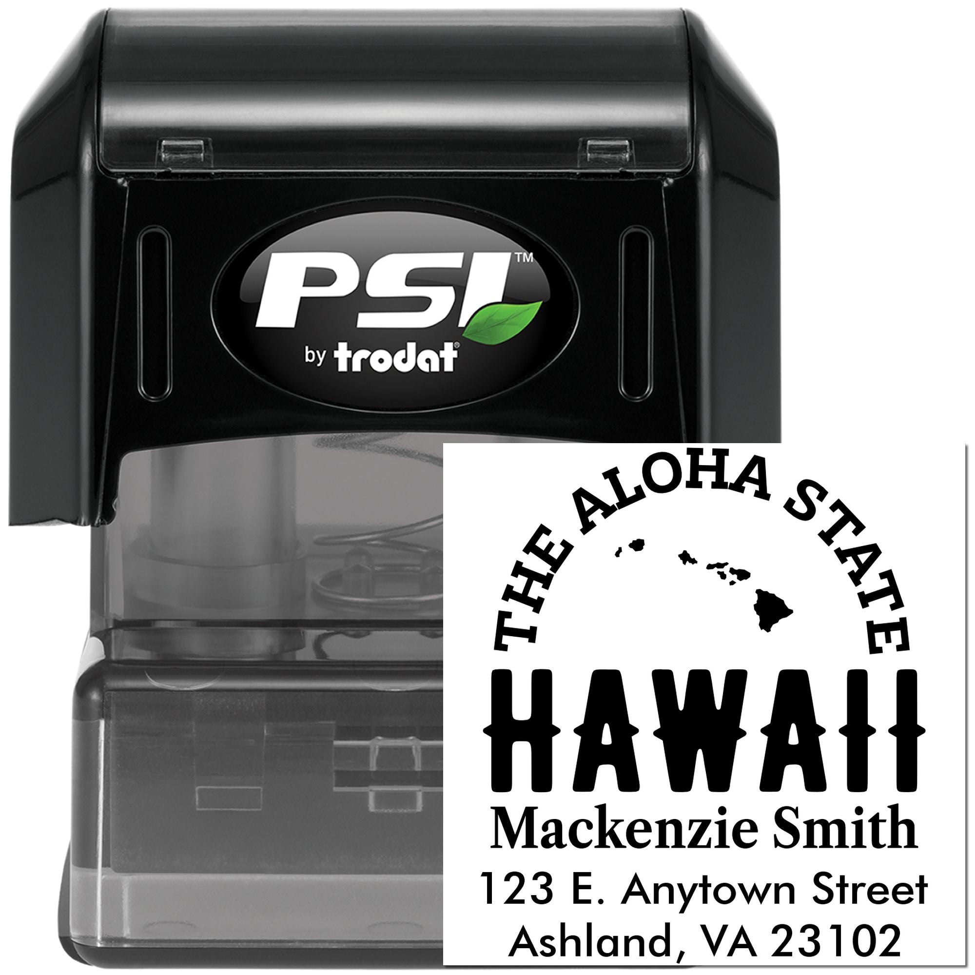 Custom Hawaii address rubber stamp, self-inking PSI by Trodat, with name and return address imprint for mail and business use.