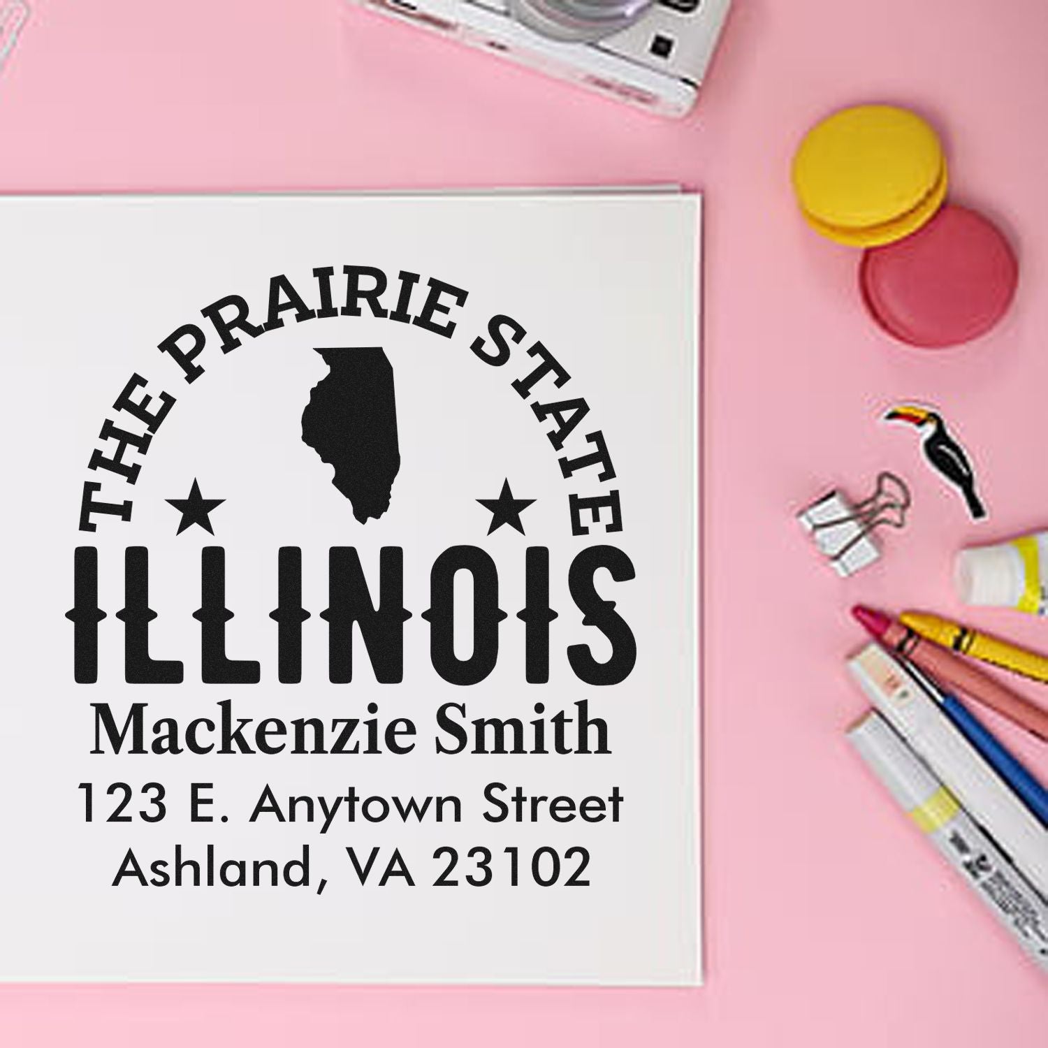 Custom Illinois Prairie State return address rubber stamp with personalized name and address for mailings and stationery