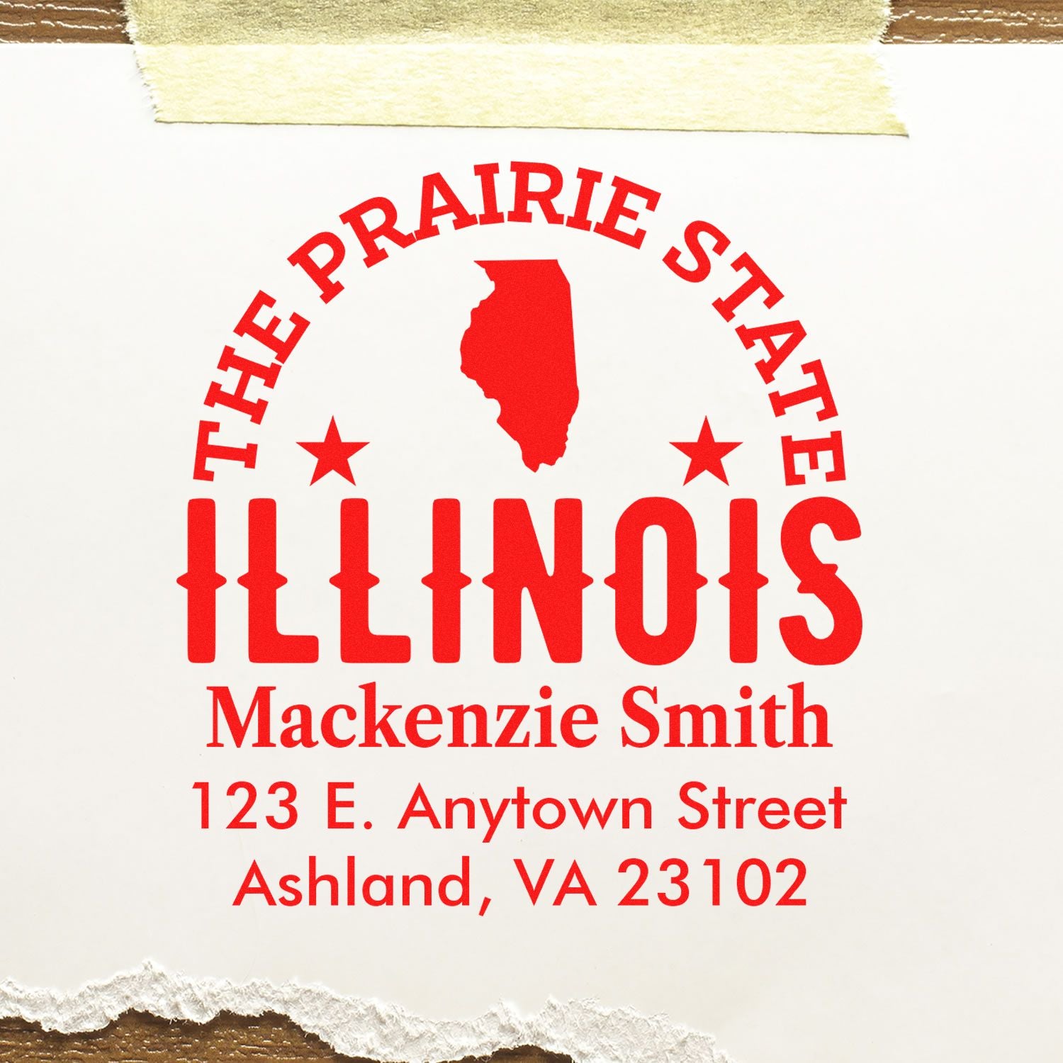 Custom Illinois return address rubber stamp with The Prairie State logo, Mackenzie Smith, and full mailing address