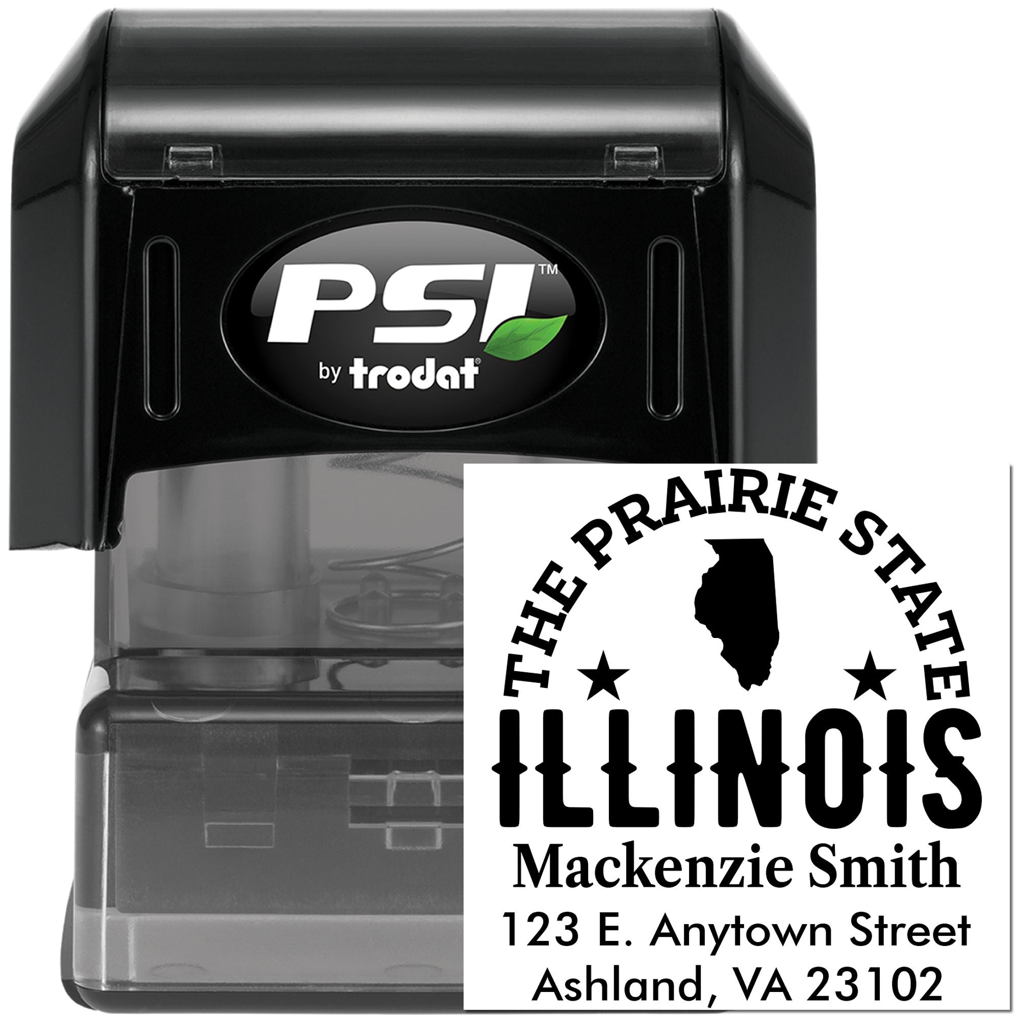 Custom Illinois Prairie State address rubber stamp, PSI Trodat self-inking stamp with state silhouette and return address.