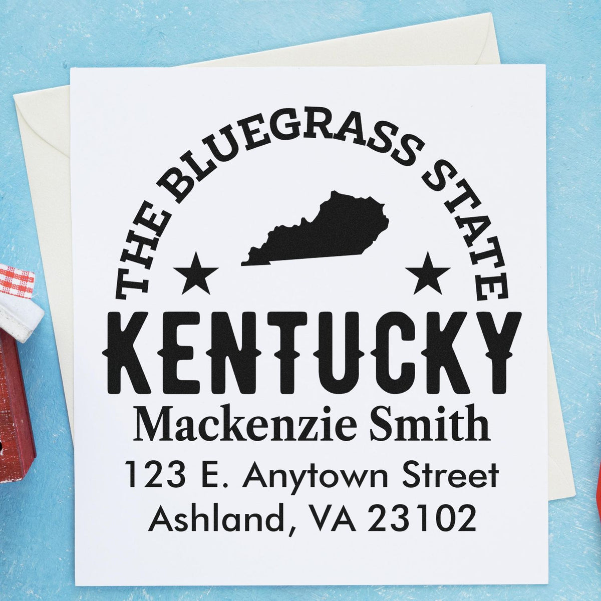 Custom Kentucky return address rubber stamp with Bluegrass State design, name, and address for personalized mailings.