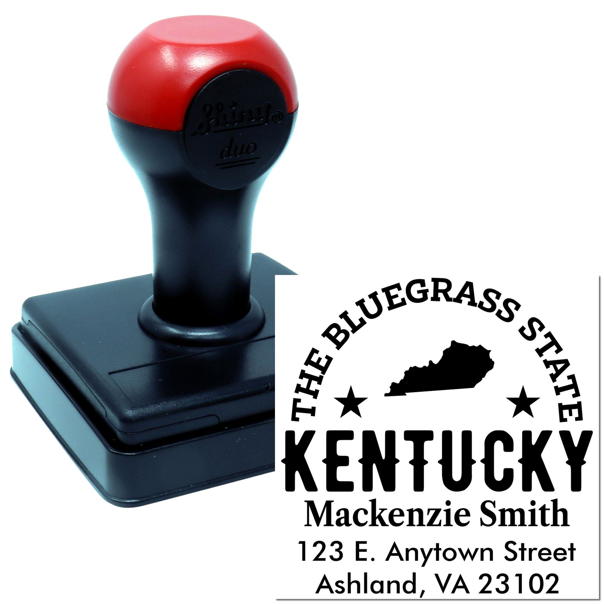 Custom self-inking Kentucky address rubber stamp with personalized name, city, and return address imprint for mailing.