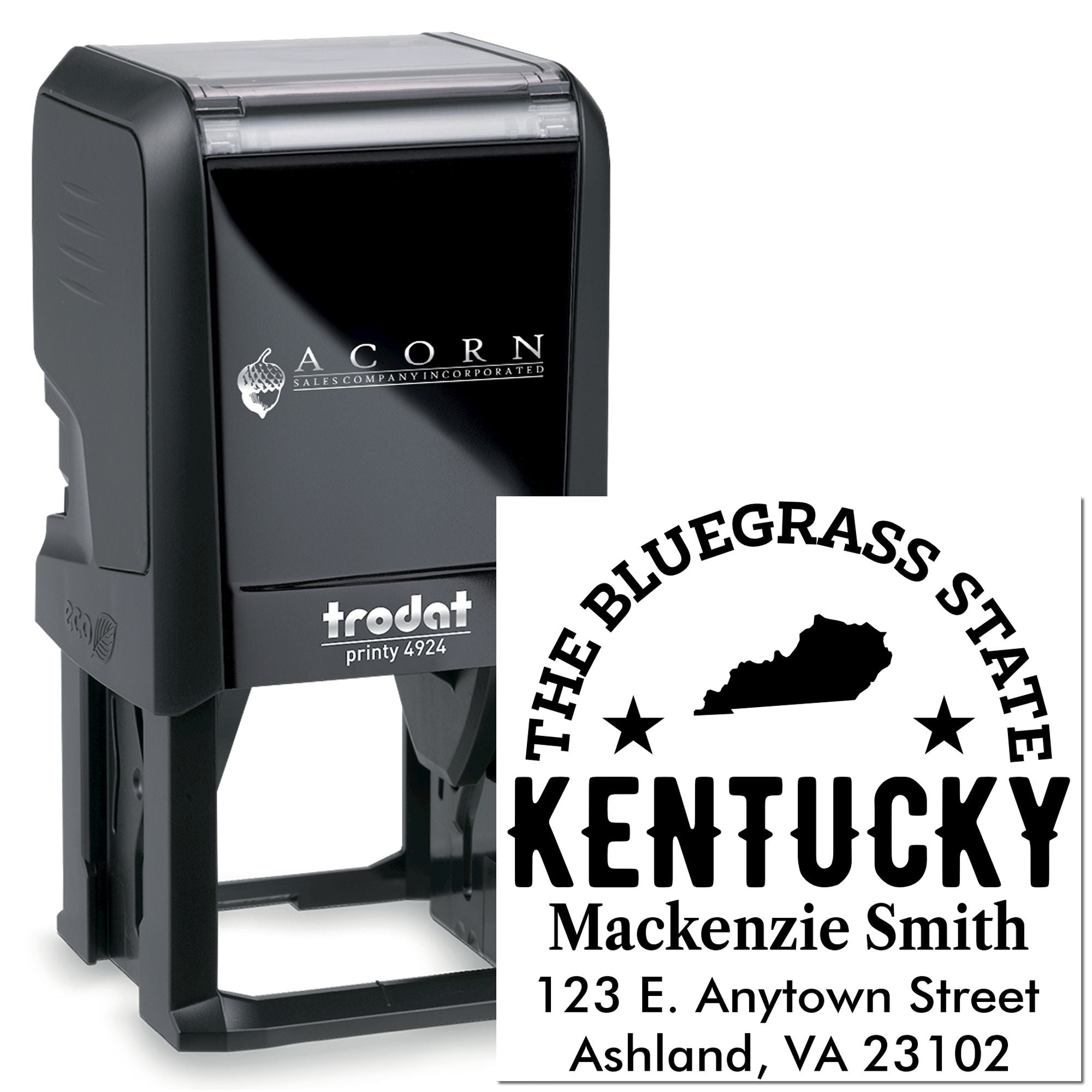 Custom Kentucky self-inking rubber stamp for name and address, ideal for business mailing and return address use.
