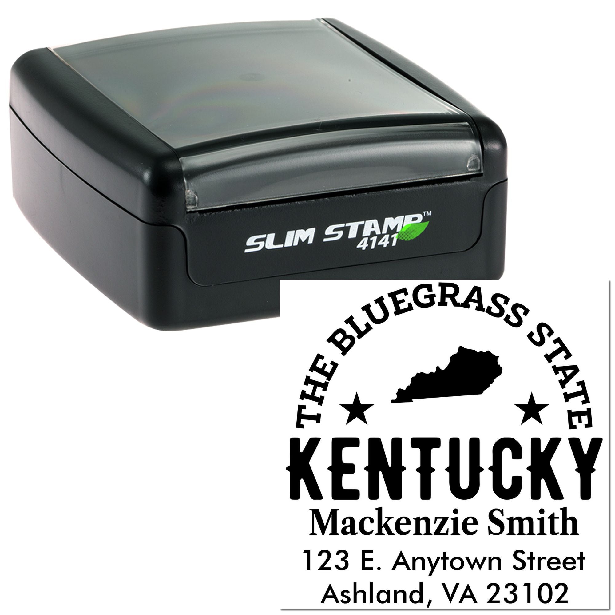 Kentucky Bluegrass State self-inking address rubber stamp with personalized name and address imprint