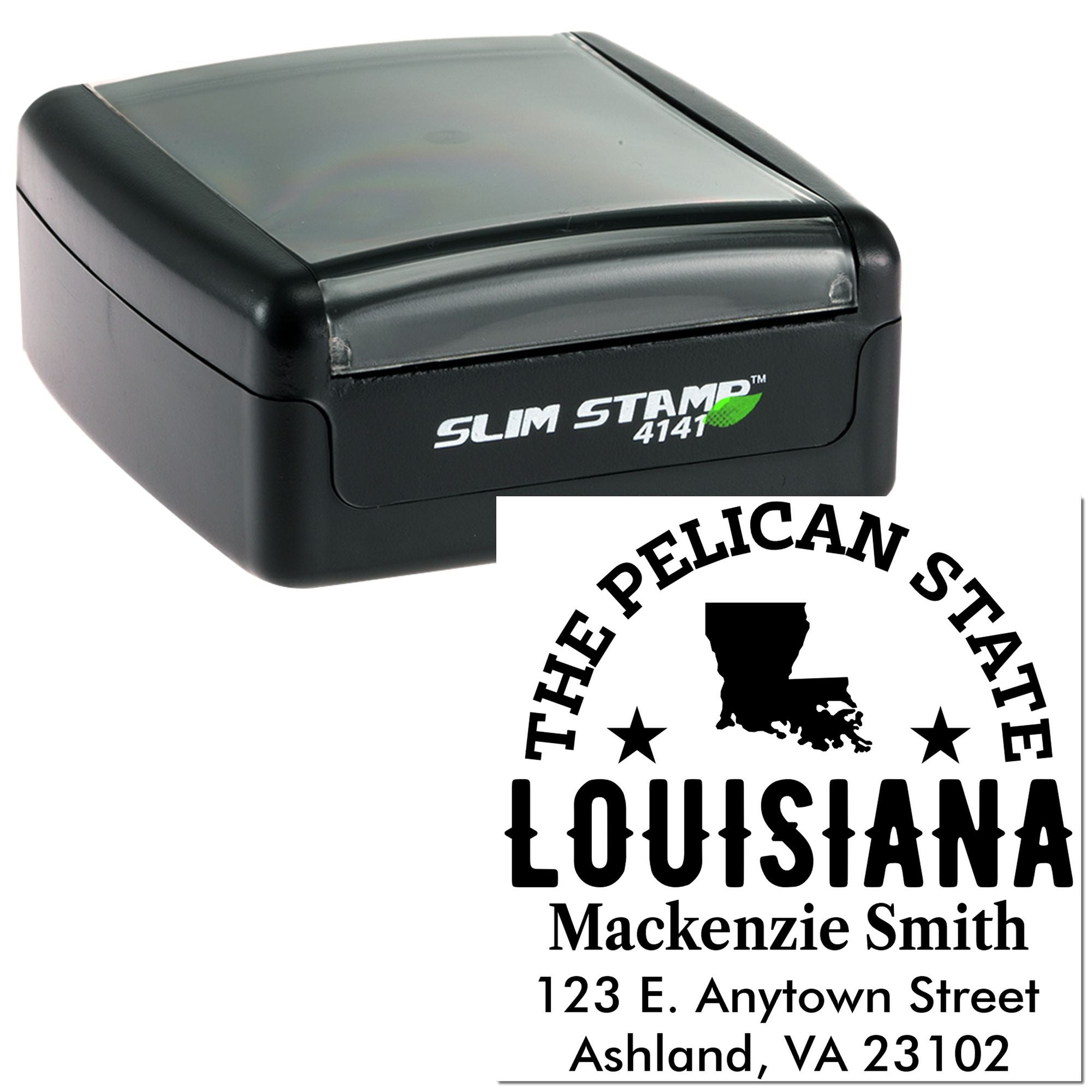 Custom self-inking rubber stamp with Louisiana return address design and personalized name and address imprint.