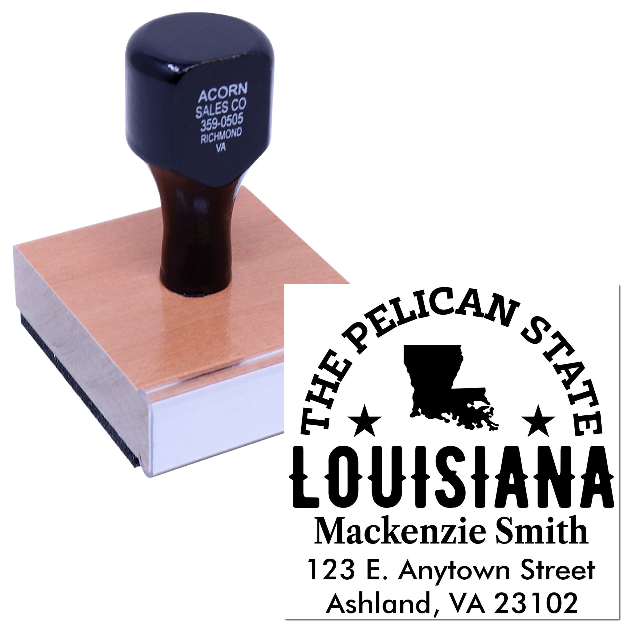 Custom Louisiana rubber stamp with Pelican State design, name, and address imprint for mailing and business use