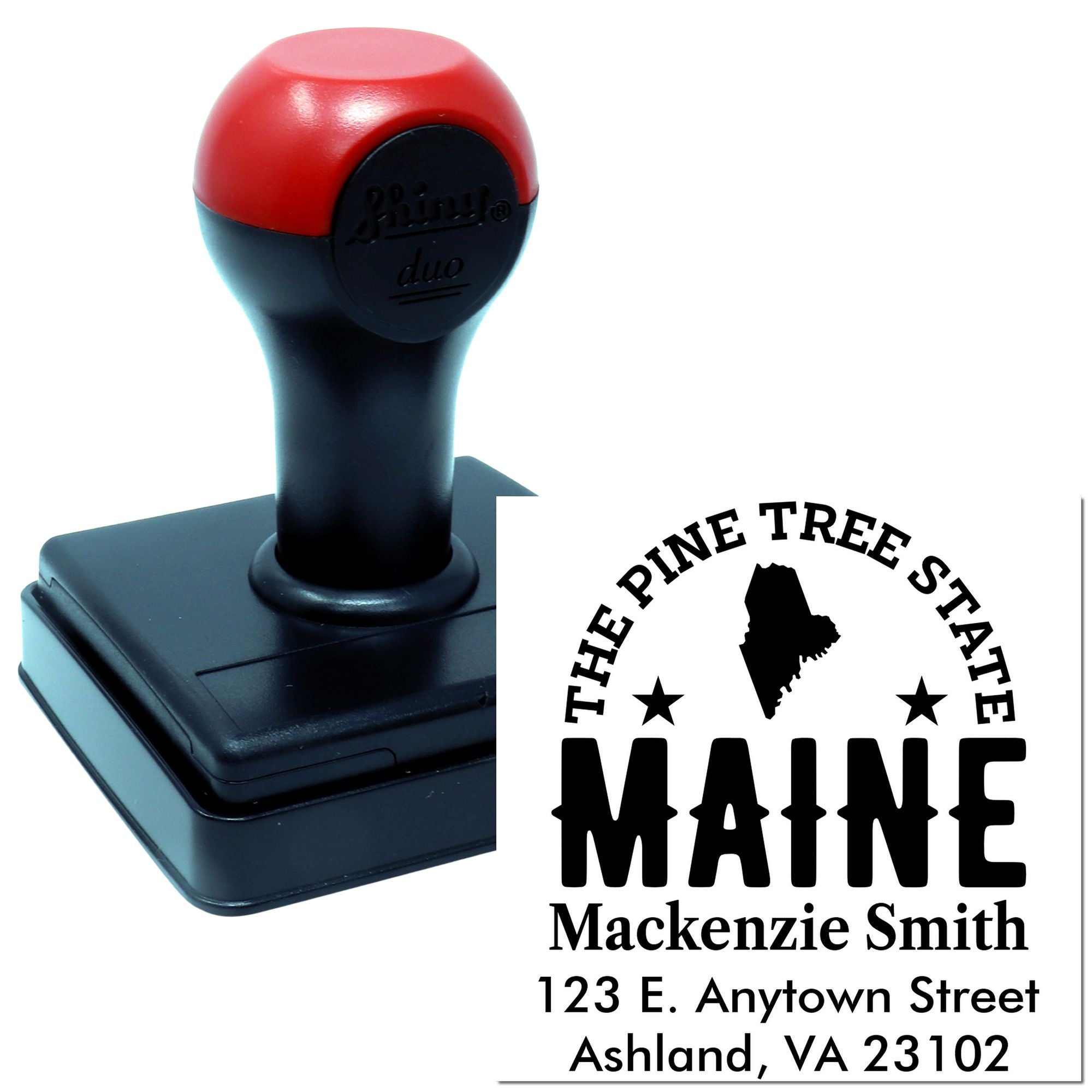 Custom self-inking Maine address rubber stamp with Pine Tree State logo, name, and return address imprint.