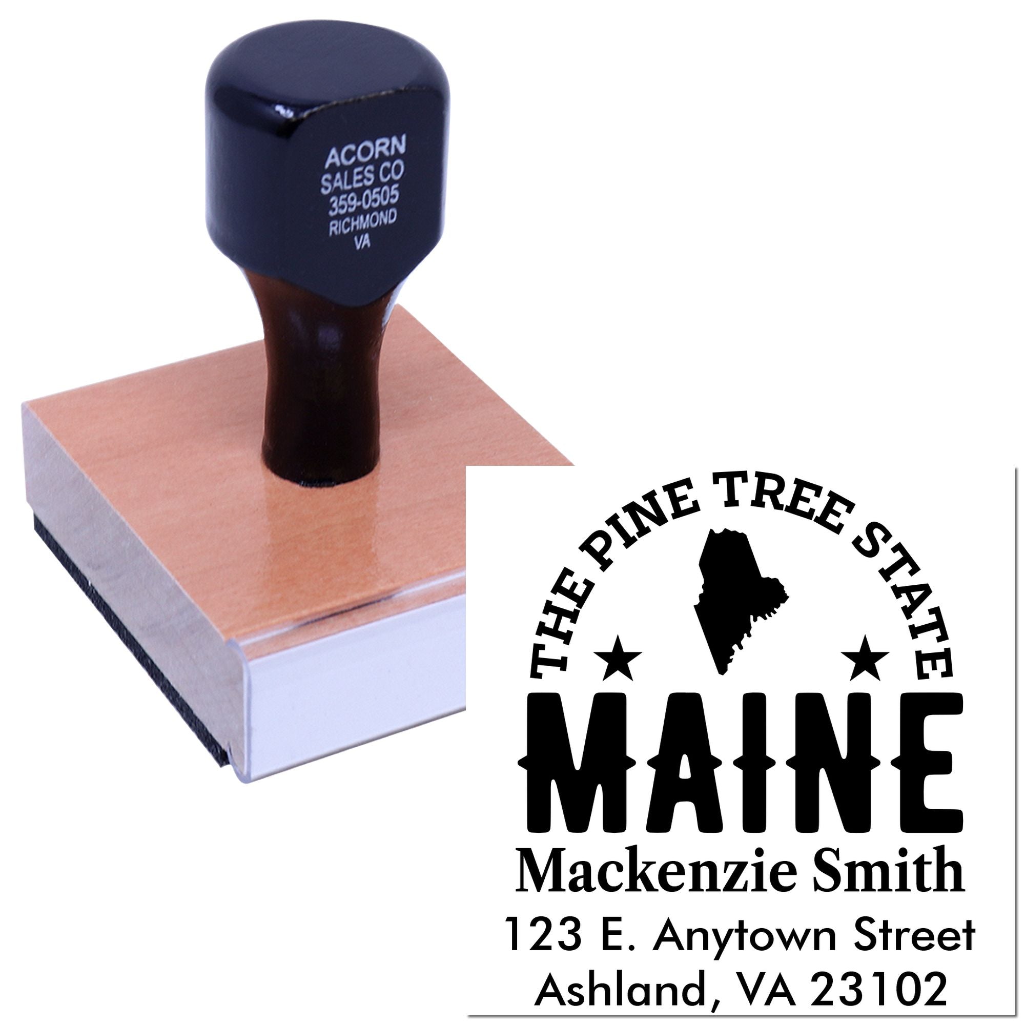 Custom Maine address rubber stamp with state silhouette, ideal for personalized mailing, business branding, and return addresses.