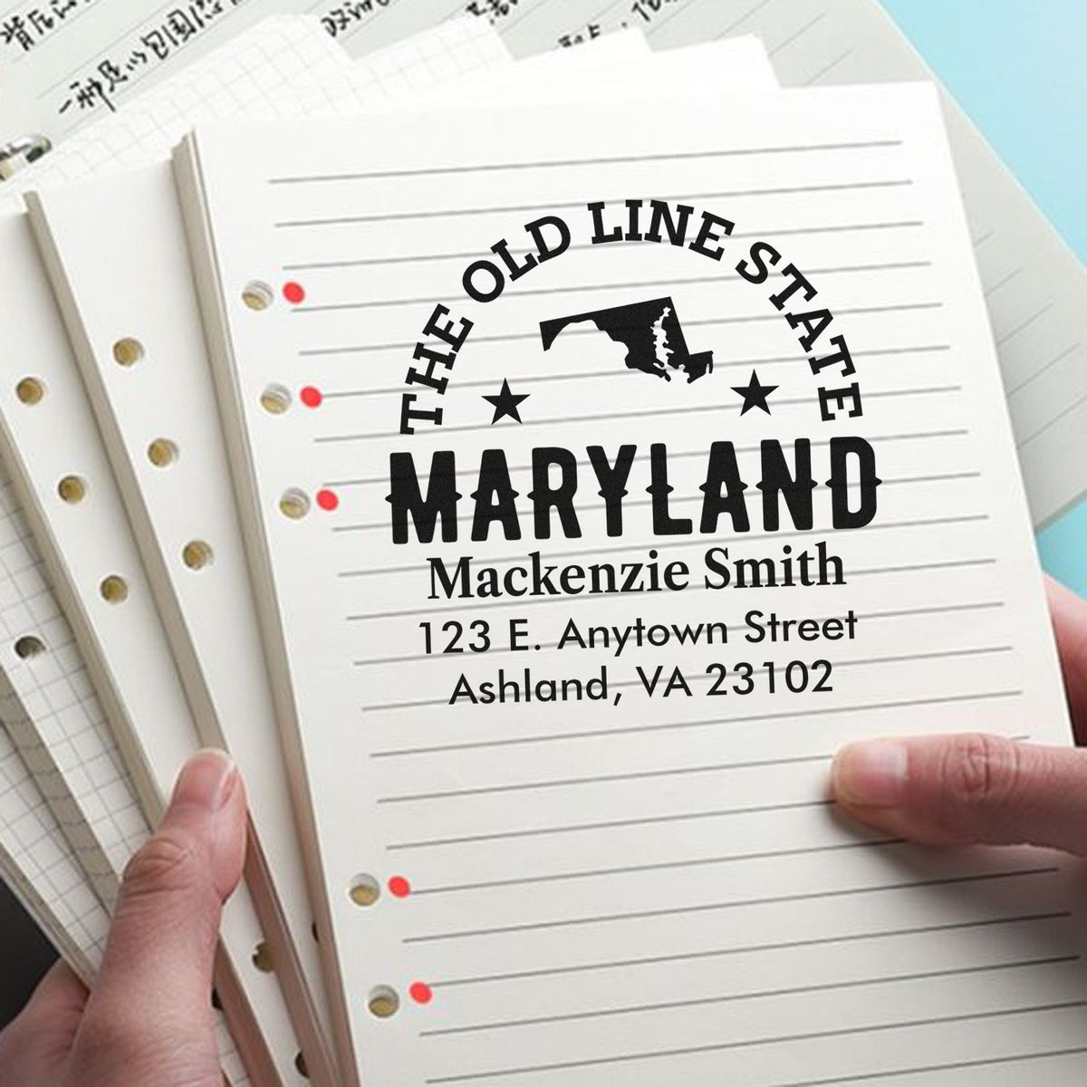 Custom Maryland rubber address stamp with name and address for personalized stationery and mailings