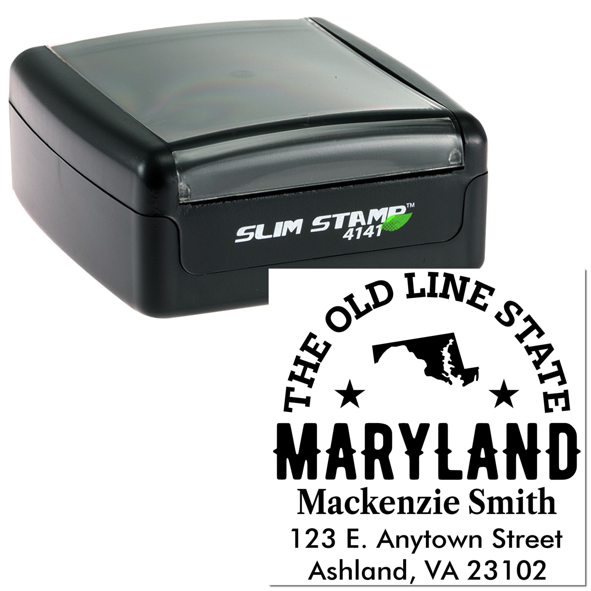 Custom self-inking address rubber stamp with Maryland return address design and personalized name and street address.