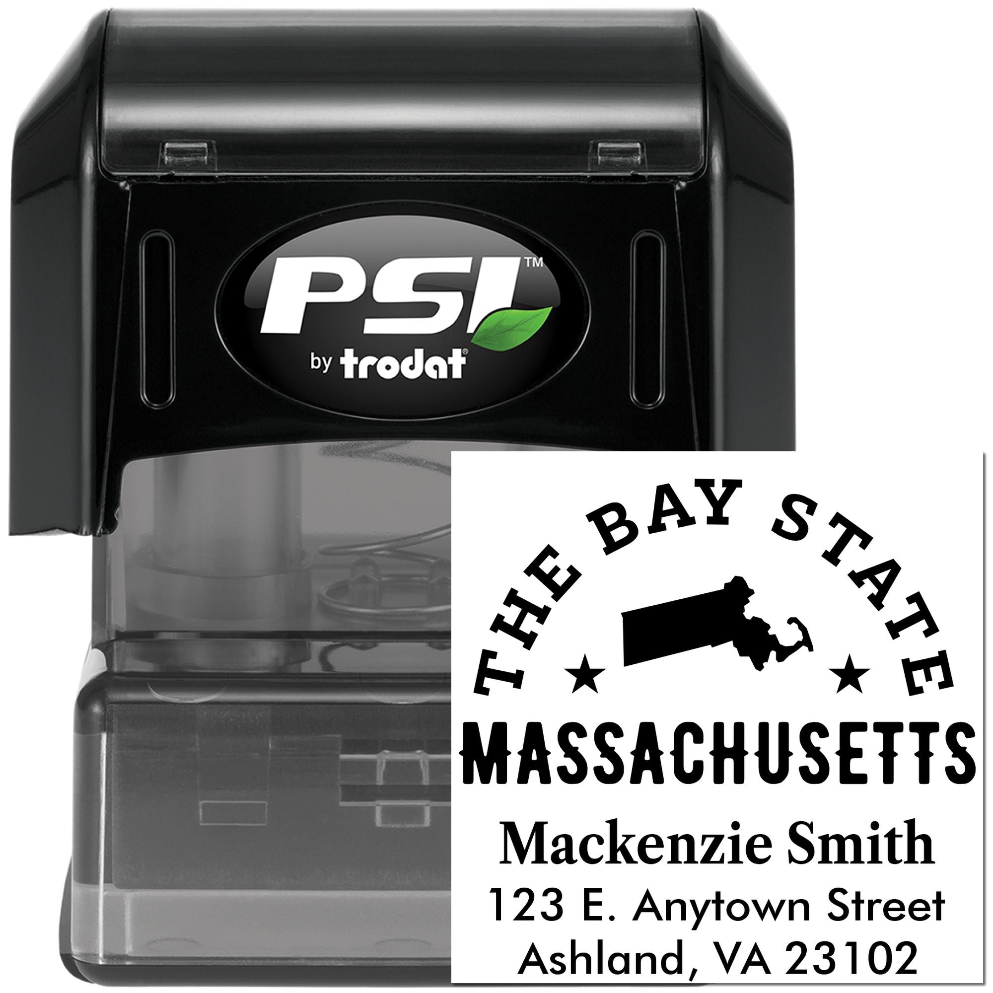 Custom self-inking rubber address stamp for The Bay State Massachusetts, PSI by Trodat, with name and return address.