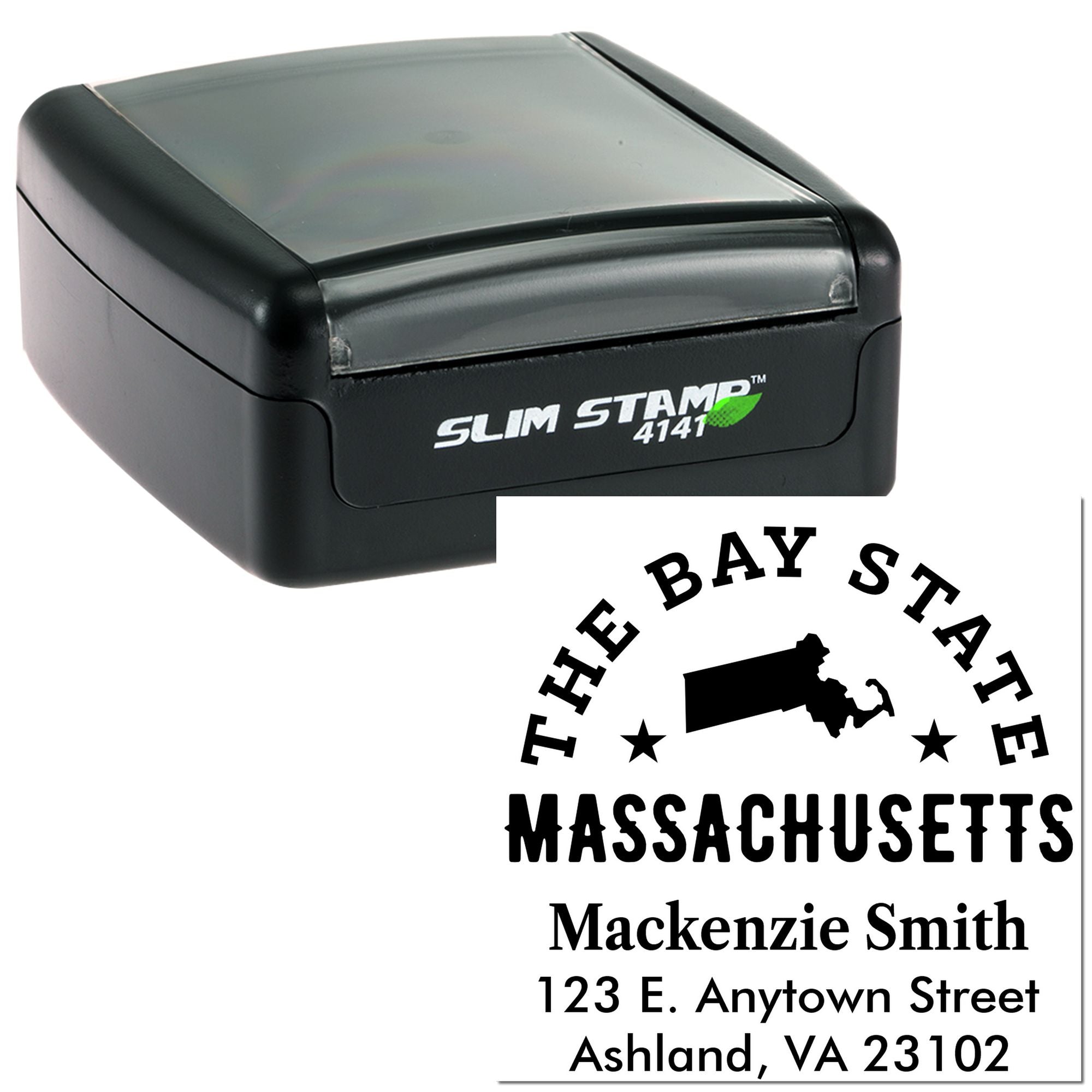 Custom Massachusetts return address rubber stamp with self-inking design and The Bay State imprint for envelopes.