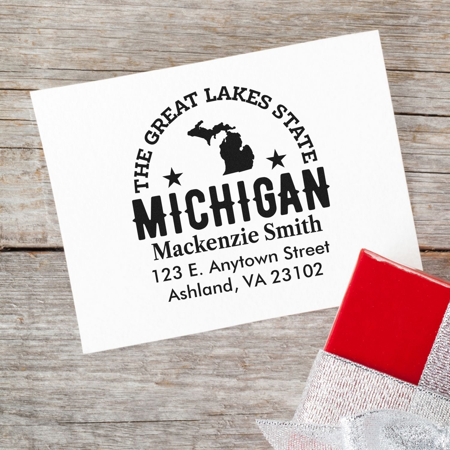 Custom Michigan return address rubber stamp with Great Lakes State design for personalized mail, weddings, and business stationery.