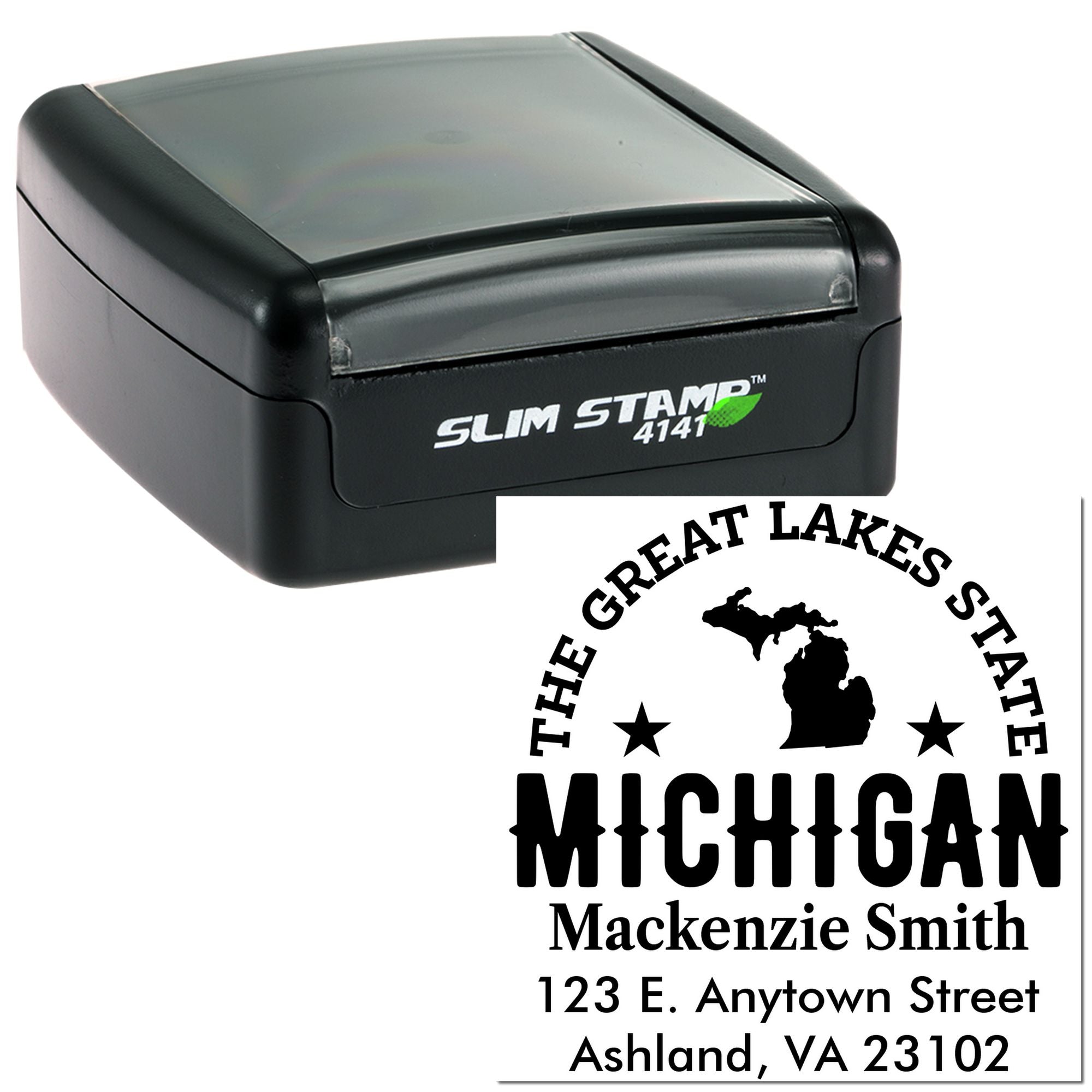 Custom Michigan return address rubber stamp, self-inking Slim Stamp style, for personalized mail.
