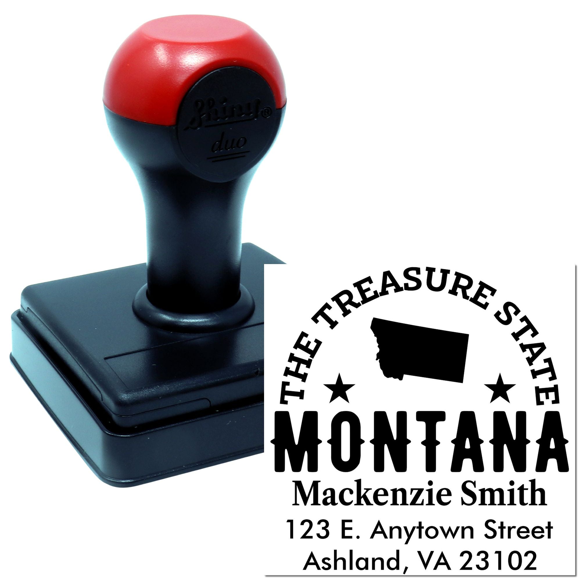 Custom Montana return address rubber stamp with self-inking stamp and sample imprint for Mackenzie Smith.