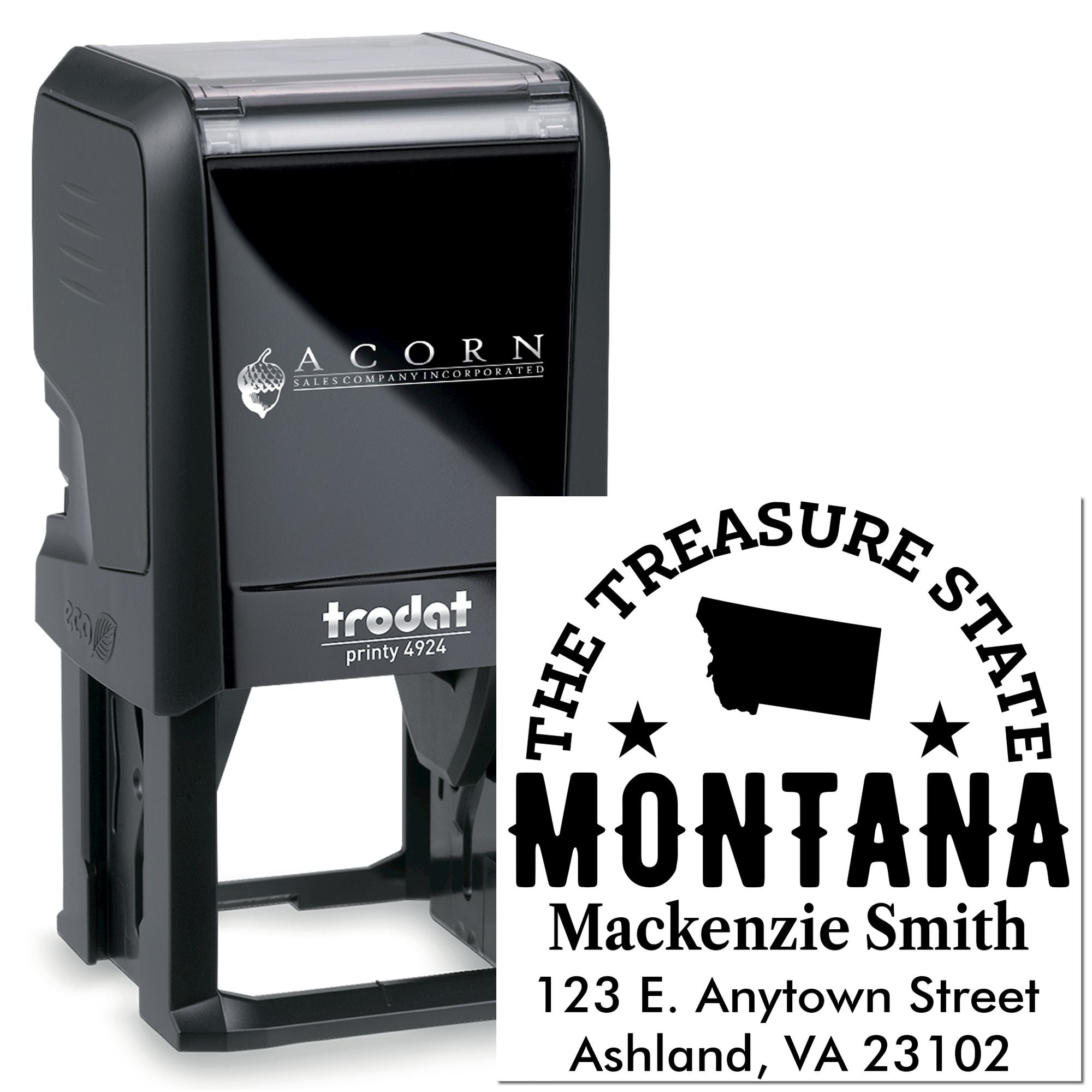 Custom Montana self-inking rubber stamp with return address imprint and Treasure State design, Trodat Printy 4924.