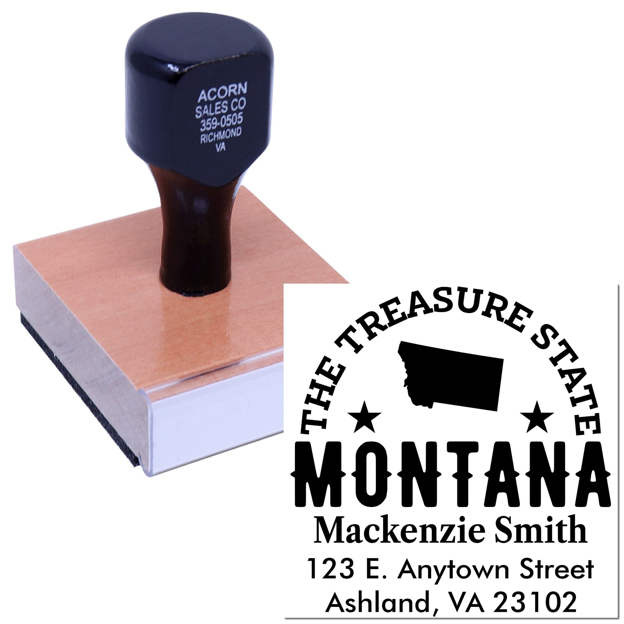 Custom Montana address rubber stamp with state outline and personalized name and address for business branding.
