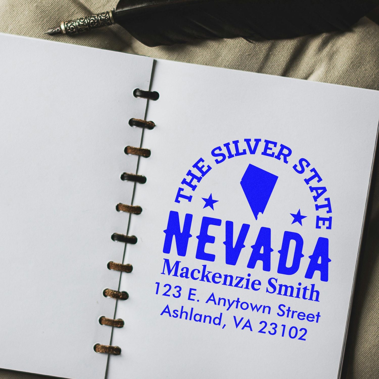 Custom Nevada return address rubber stamp with Silver State design, personalized name, and mailing address.