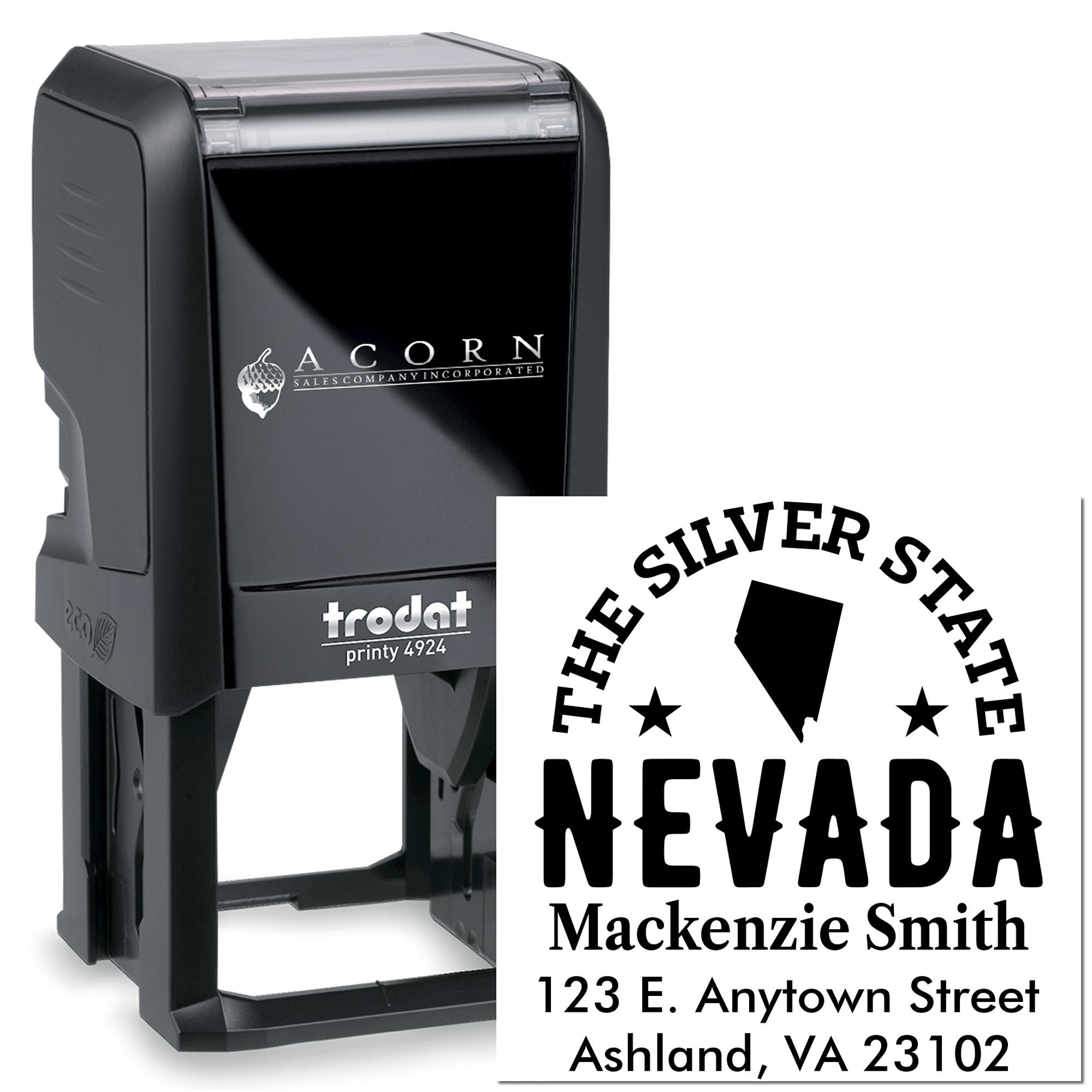 Self-inking rubber stamp by Trodat Printy 4924 with custom Nevada return address and The Silver State design.