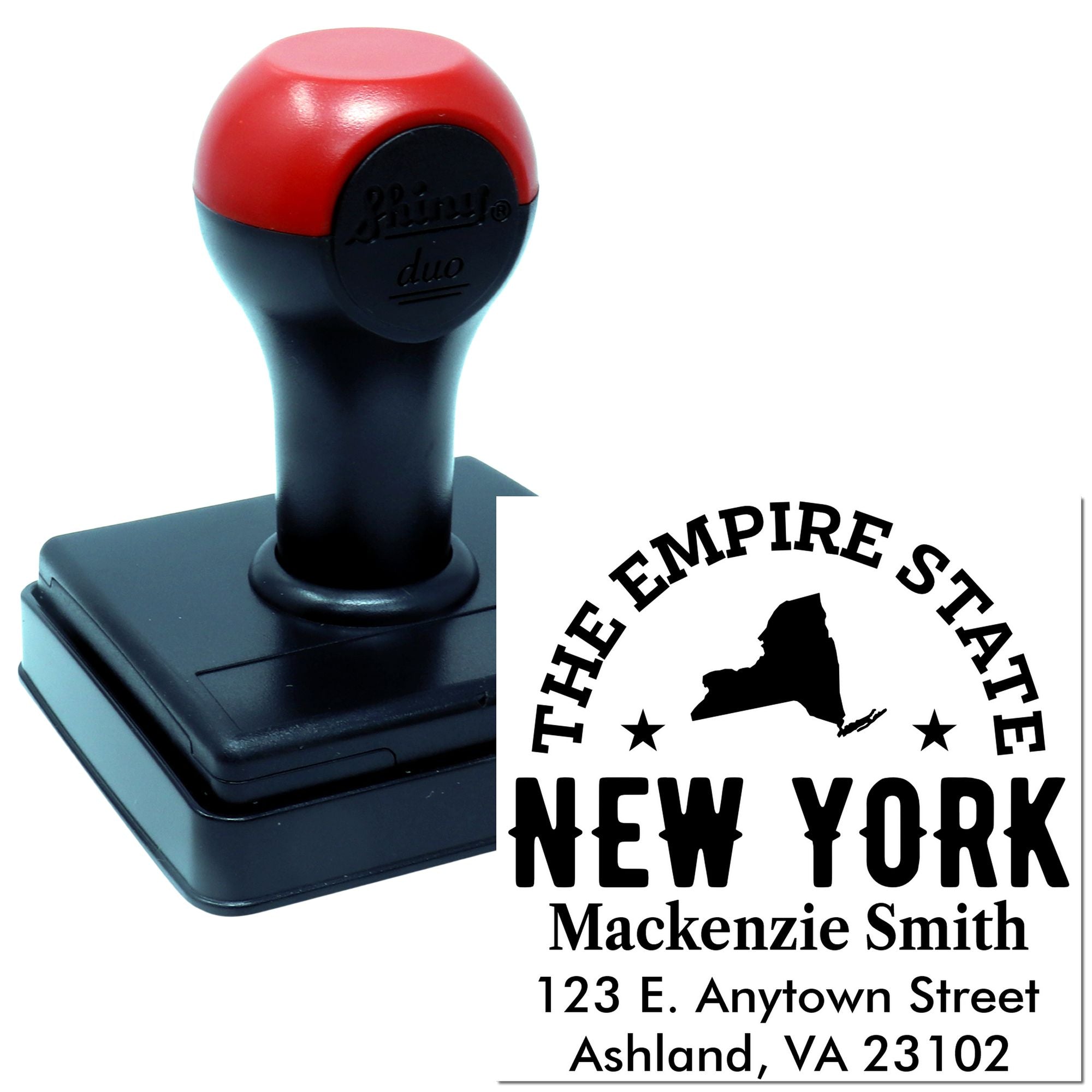 Custom self-inking rubber stamp with New York Empire State address imprint for personalized mailing and branding.