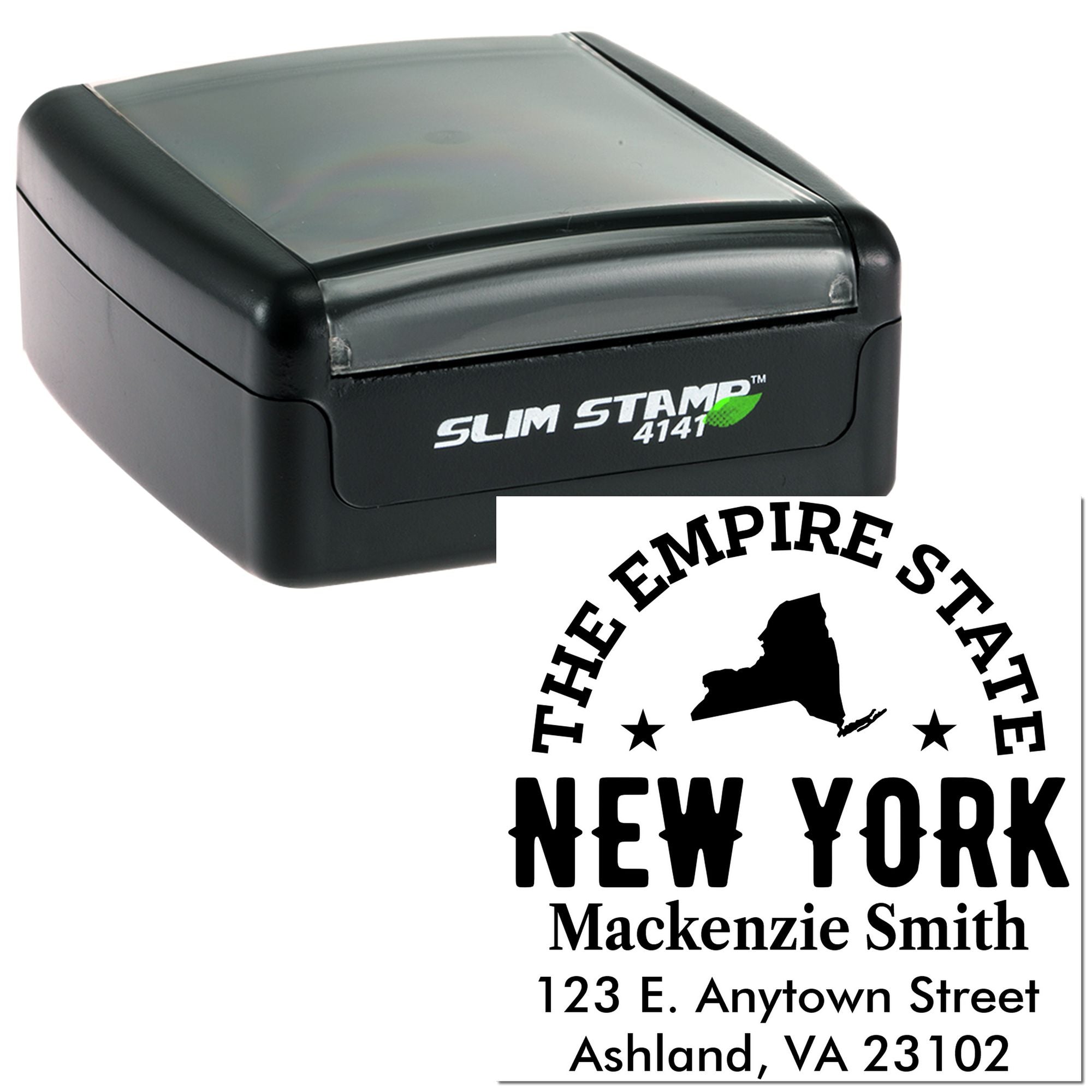 Custom New York self-inking return address rubber stamp with name and address imprint