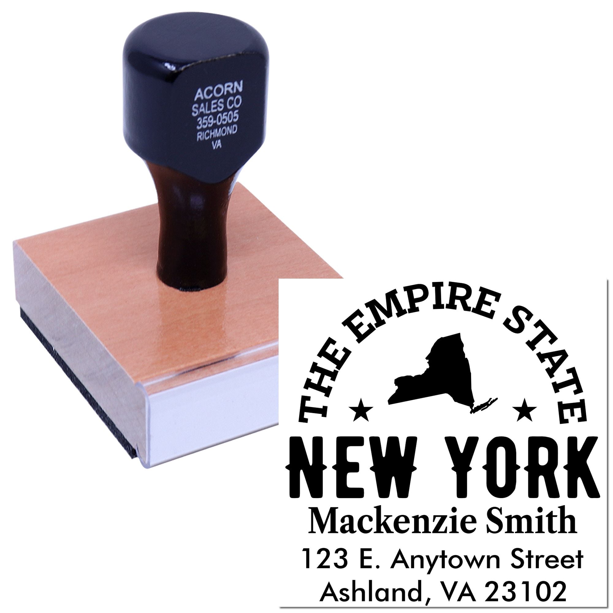 Custom New York return address rubber stamp with Empire State design for business mailing and branding.
