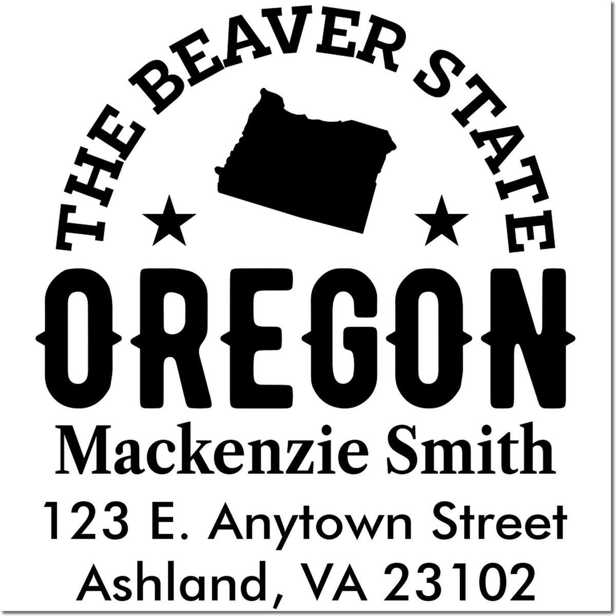 Custom Oregon return address rubber stamp with The Beaver State, Oregon, and Mackenzie Smith mailing details.