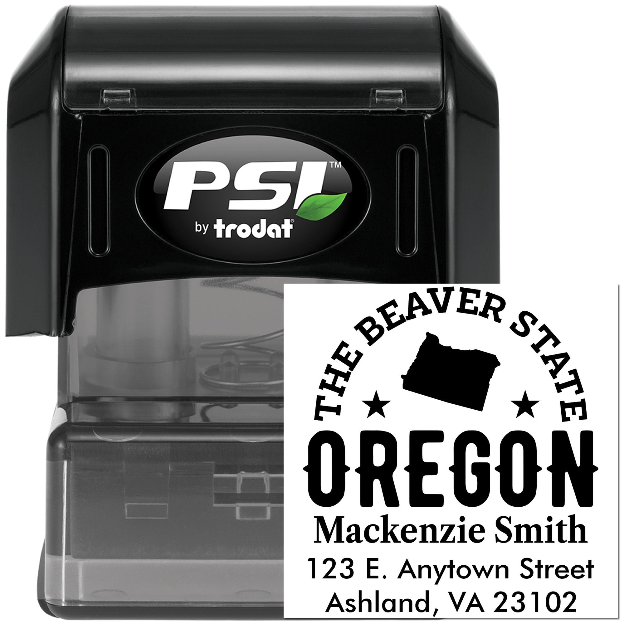 Custom Oregon return address self-inking rubber stamp by PSI Trodat for personalized mailing and envelopes.