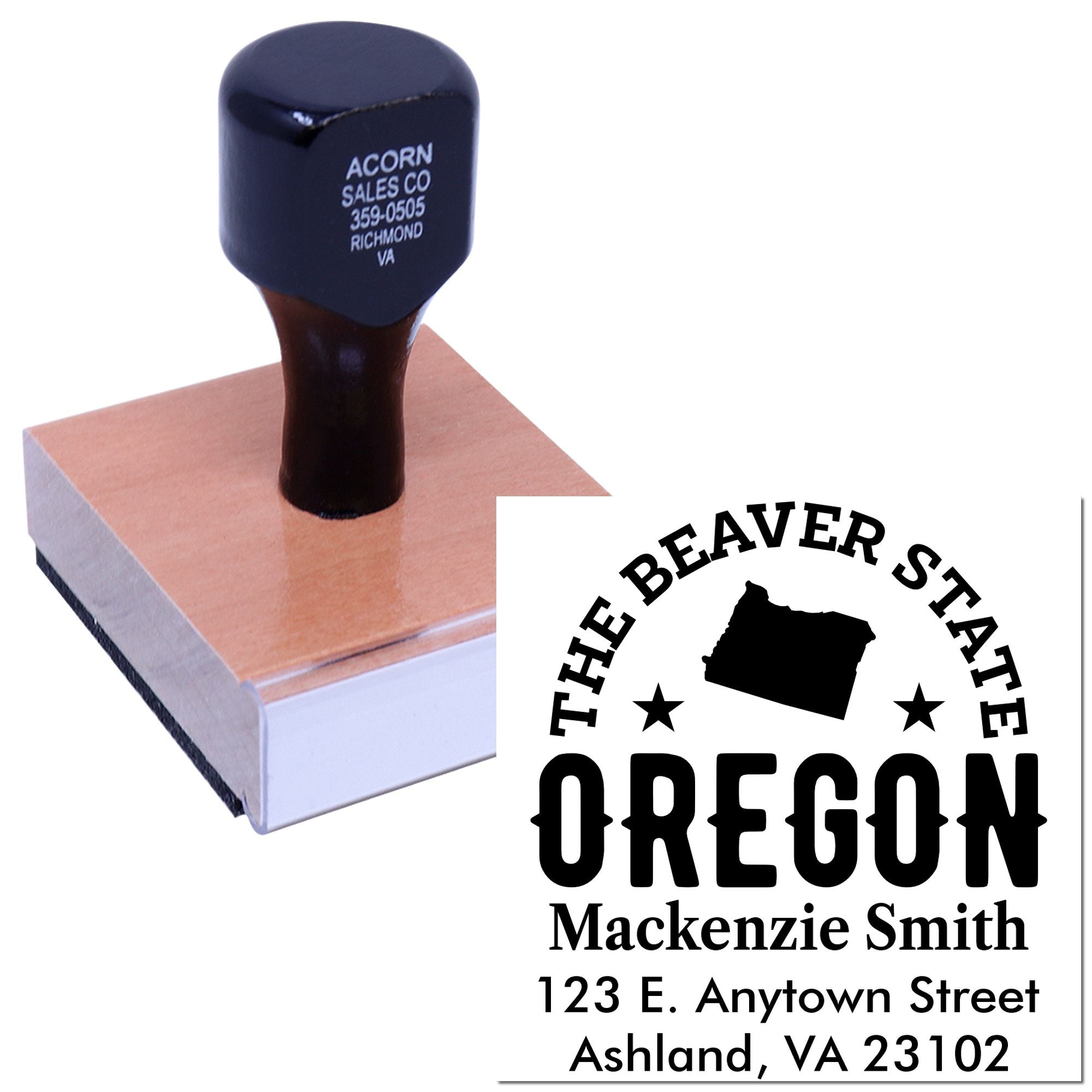 Custom Oregon address rubber stamp with Beaver State logo, ideal for personalized business or return-address stamping