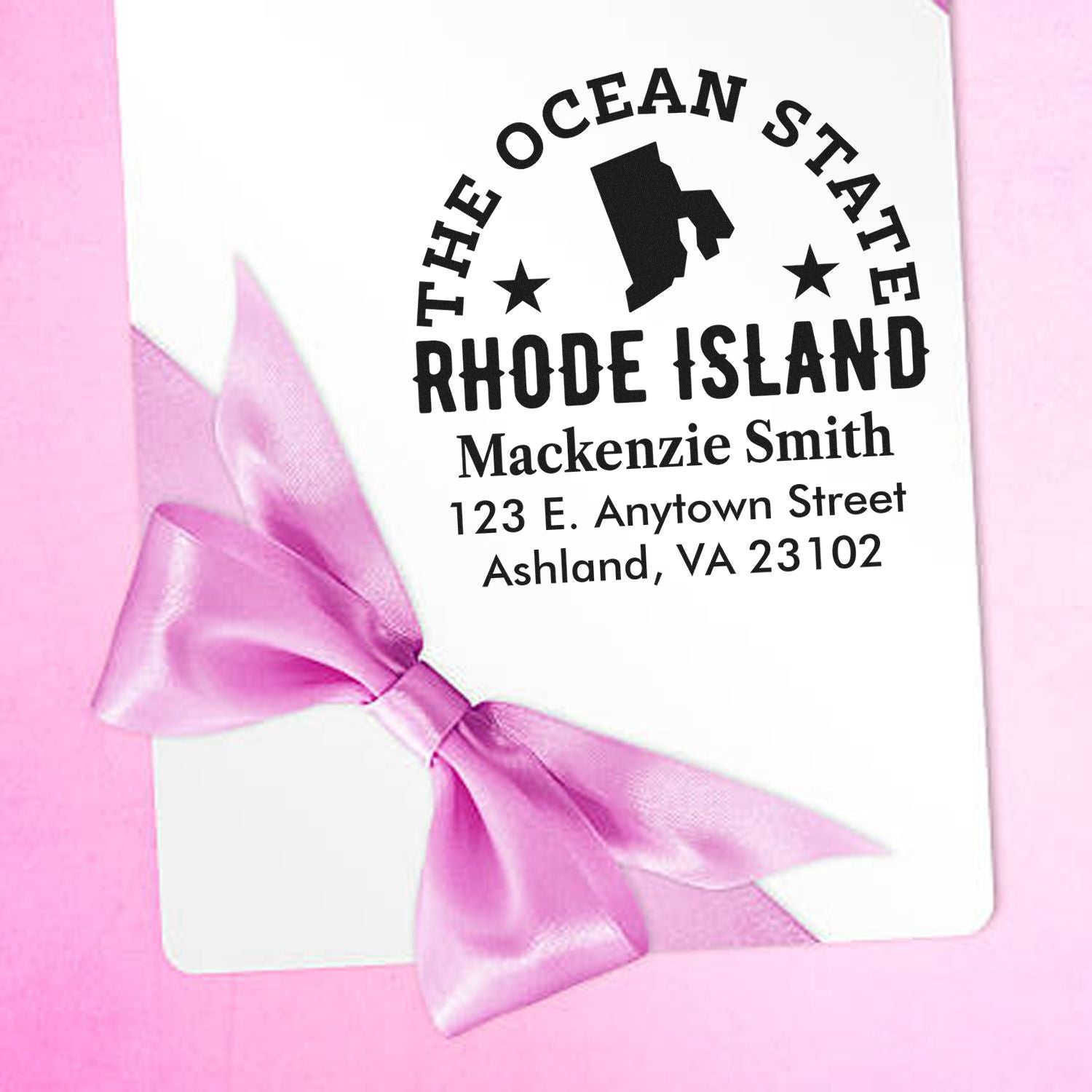 Custom Rhode Island rubber stamp with name and address, featuring The Ocean State design for personalized stationery.