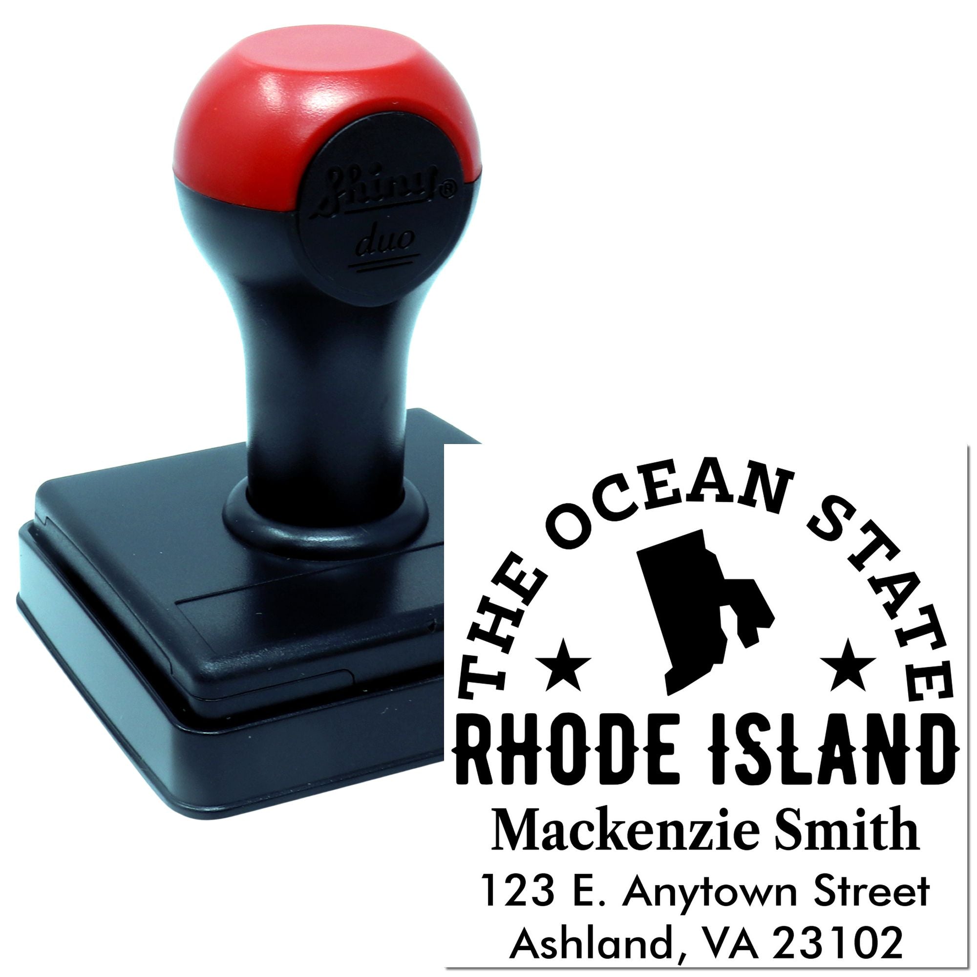 Personalized Rhode Island self-inking rubber address stamp for envelopes and business mail.