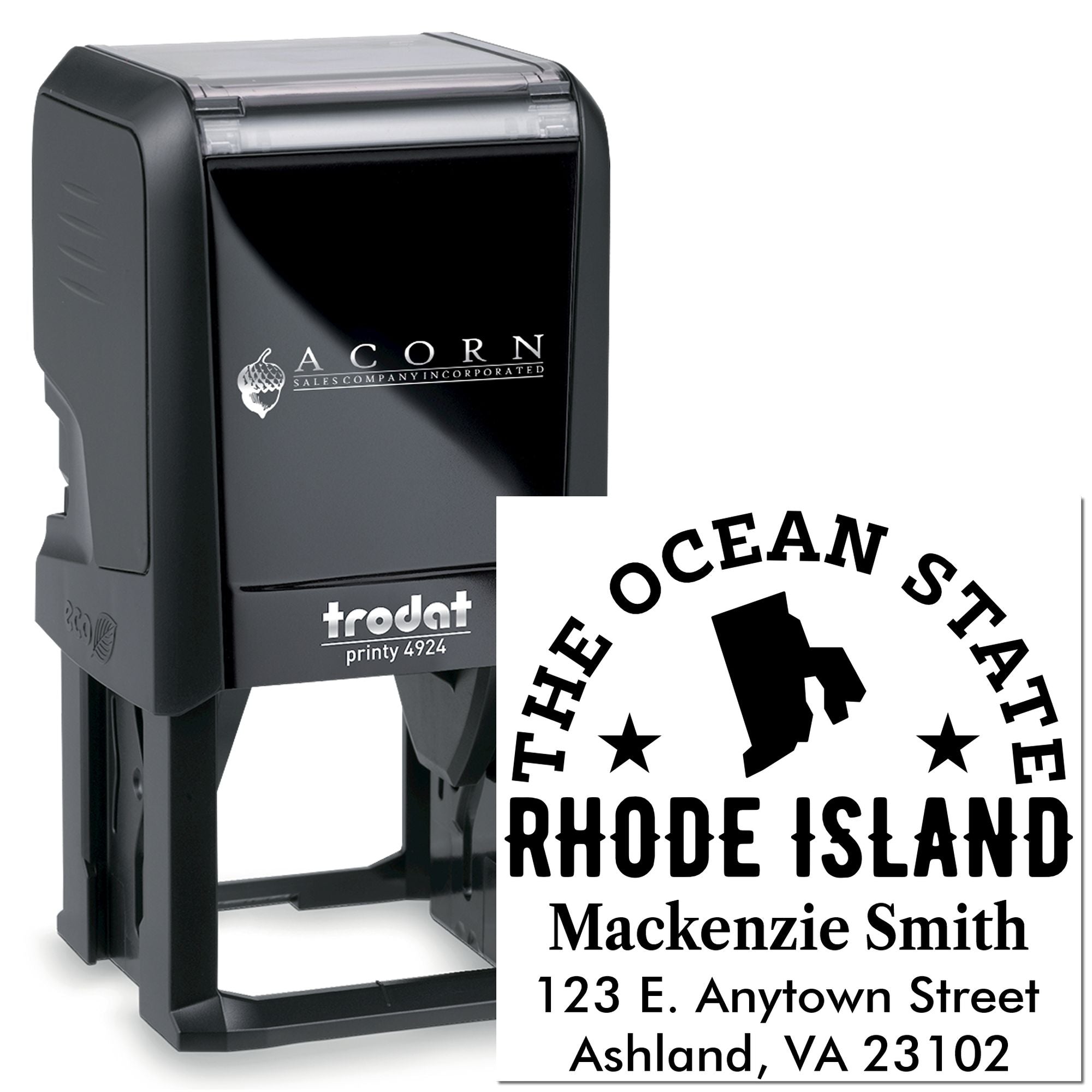 Custom Rhode Island self-inking rubber stamp for address labeling and branding, featuring The Ocean State design.
