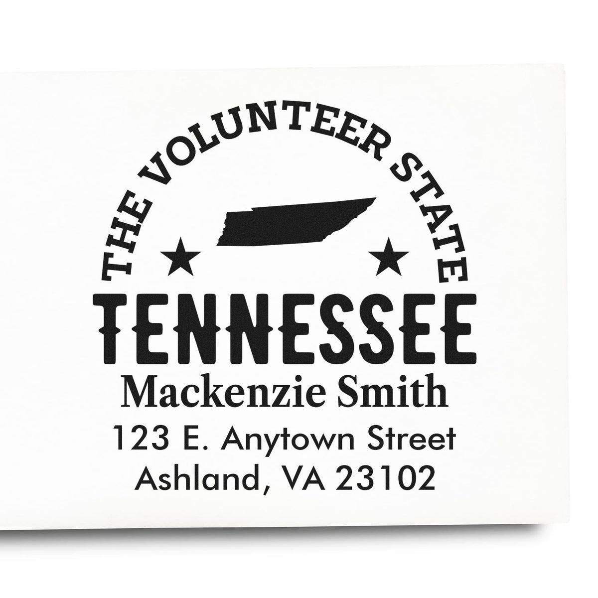 Personalized Tennessee return address rubber stamp featuring Volunteer State design, Mackenzie Smith, and Ashland, VA address.