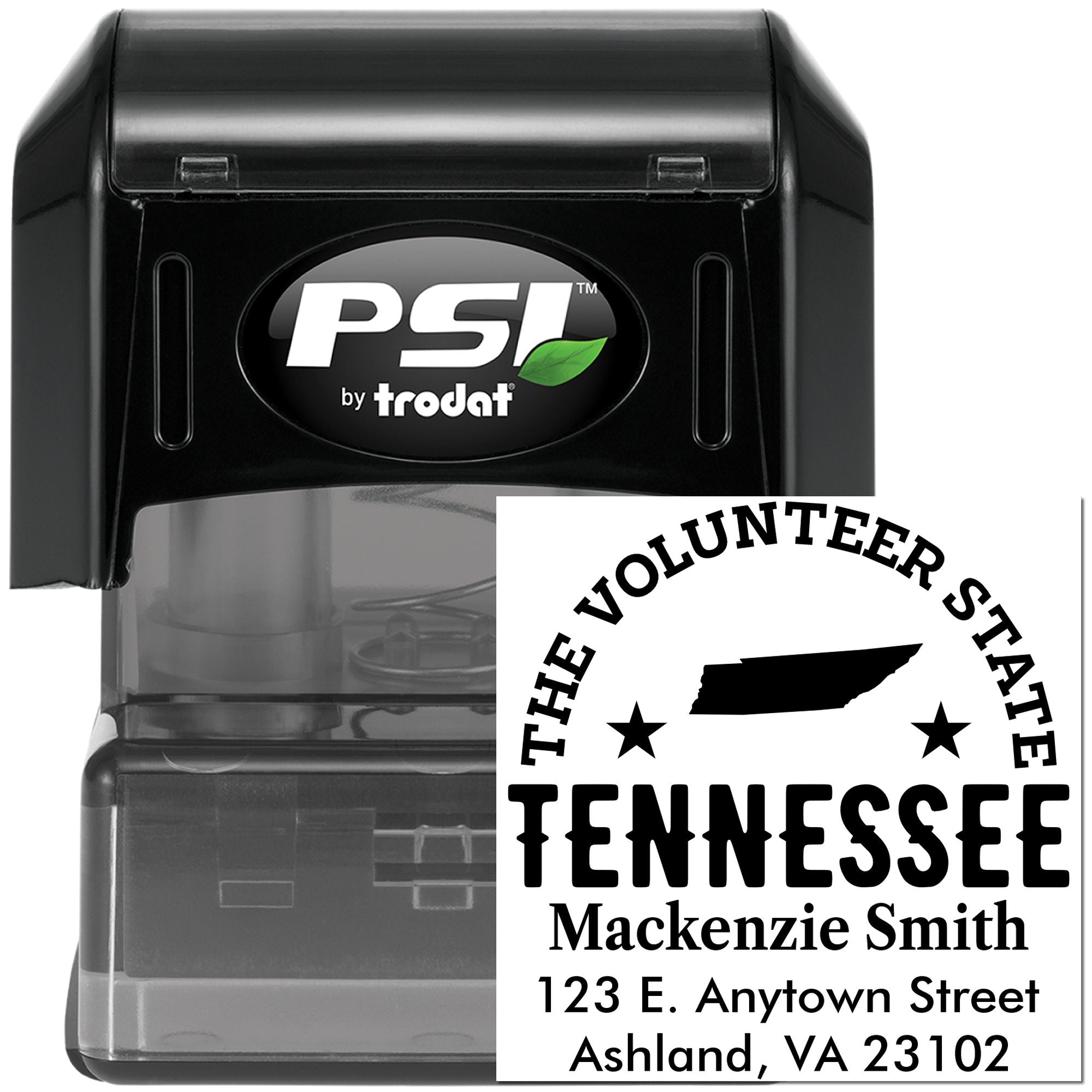 Custom Tennessee self-inking rubber stamp with The Volunteer State design, name, and address for return mailing use.