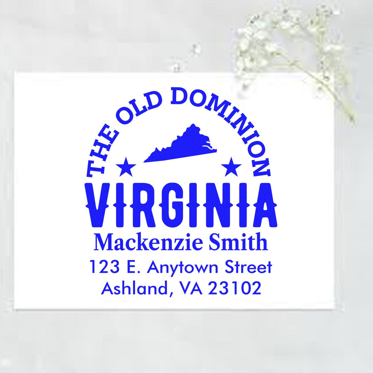 Custom Virginia return address rubber stamp with Old Dominion design, state map, and personalized name and address.
