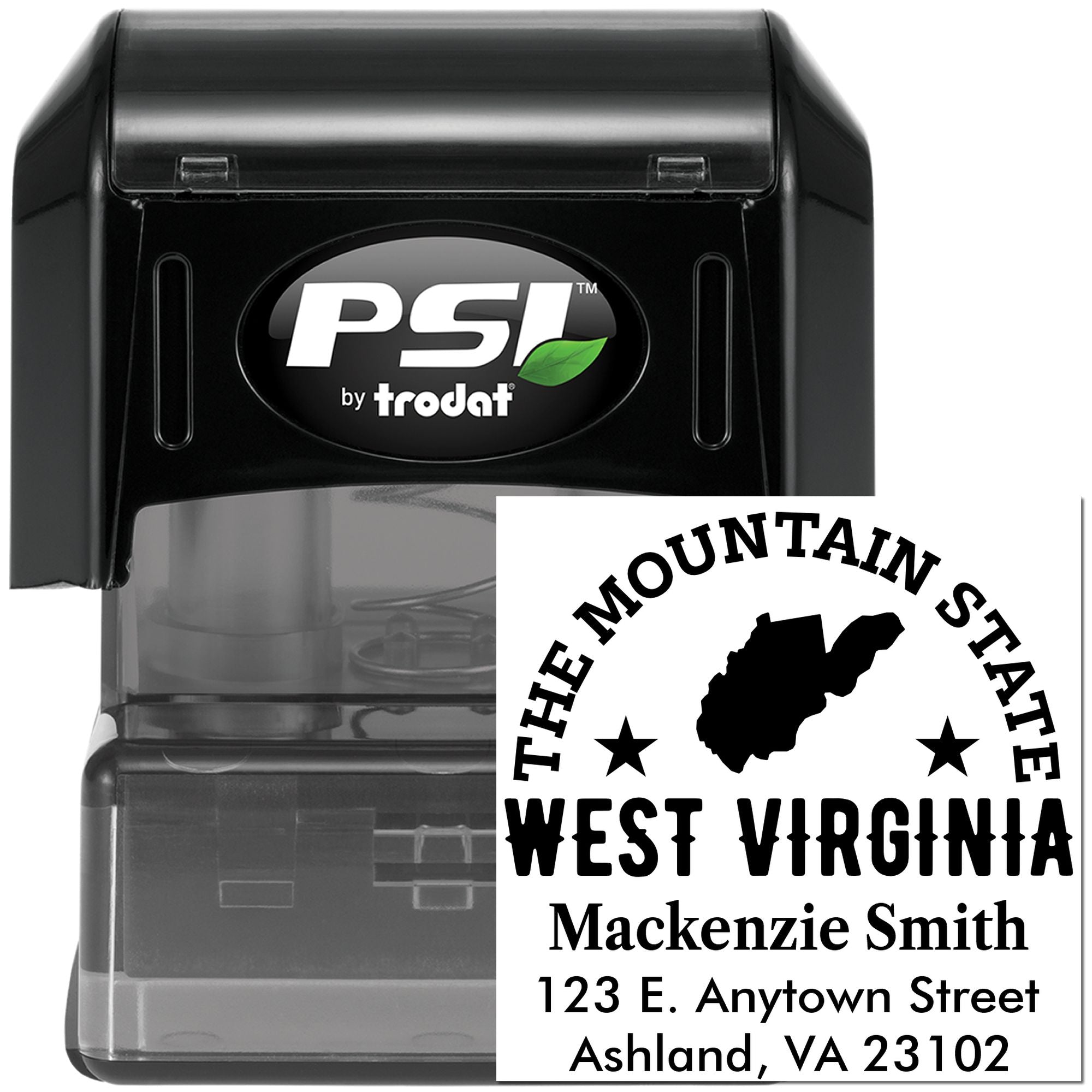 PSI by Trodat self-inking rubber stamp with custom West Virginia address and Mountain State imprint for personalized mailing.