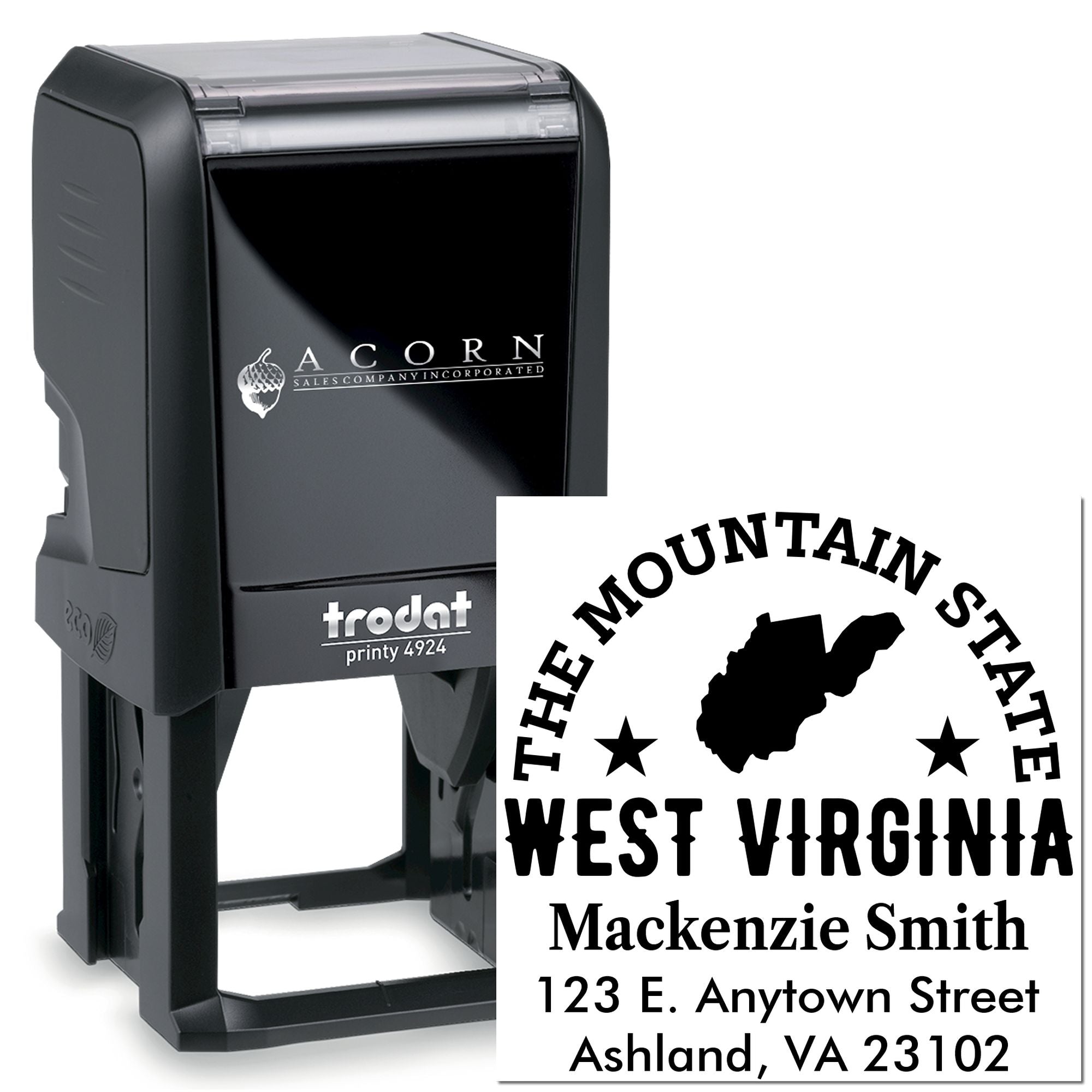 Custom self-inking rubber stamp with West Virginia return address imprint for personalized business mail.
