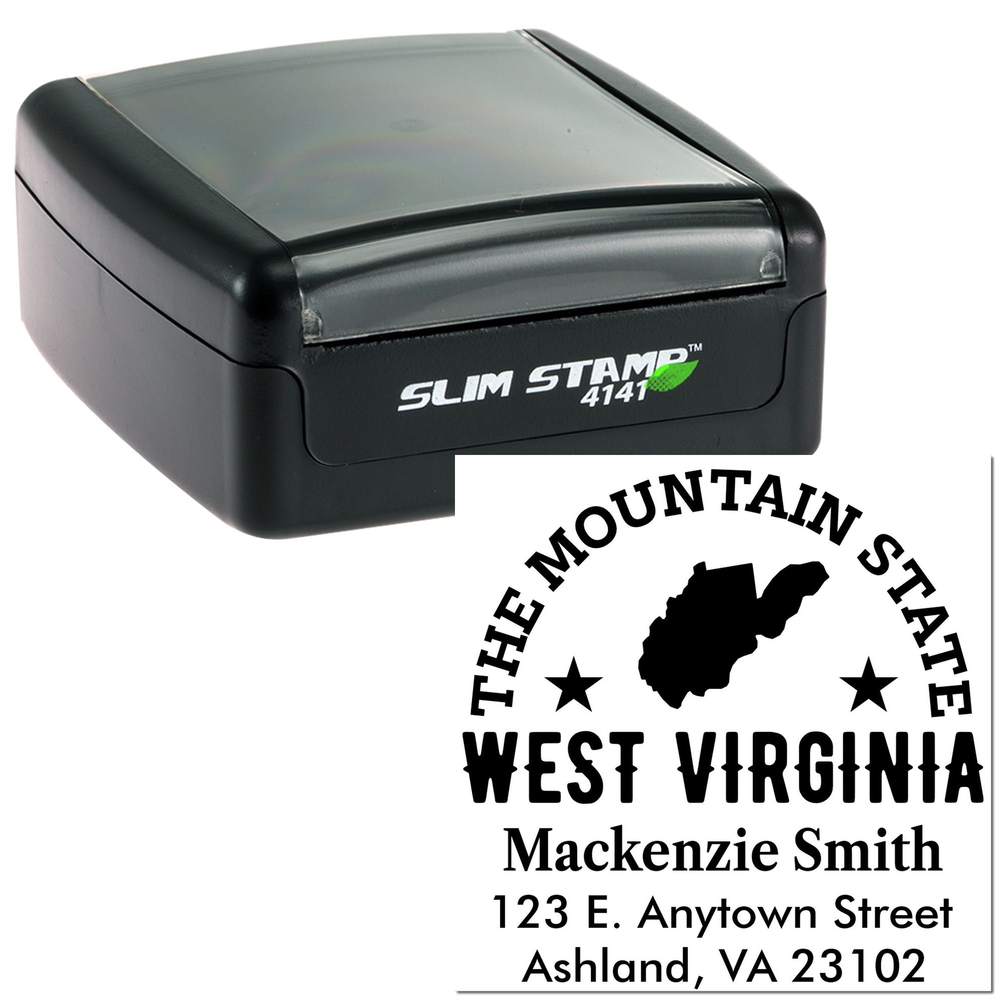 Personalized West Virginia self-inking Slim Stamp rubber return address stamp with mountain state design.