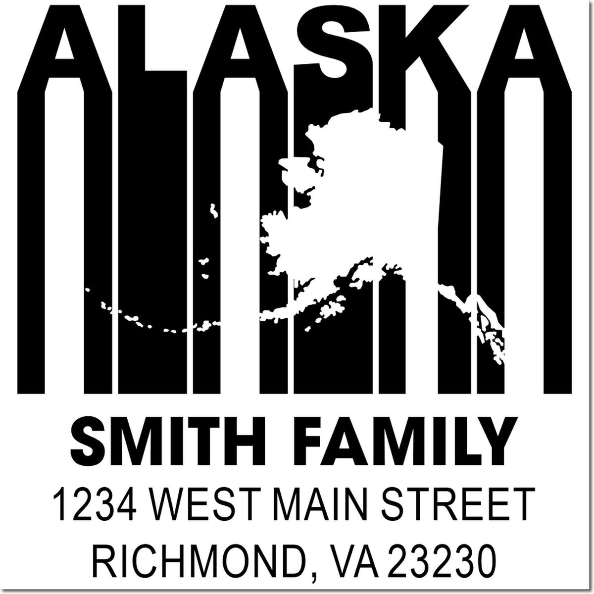 Custom Alaska family return address stamp featuring Smith Family, 1234 West Main Street, Richmond, VA 23230.