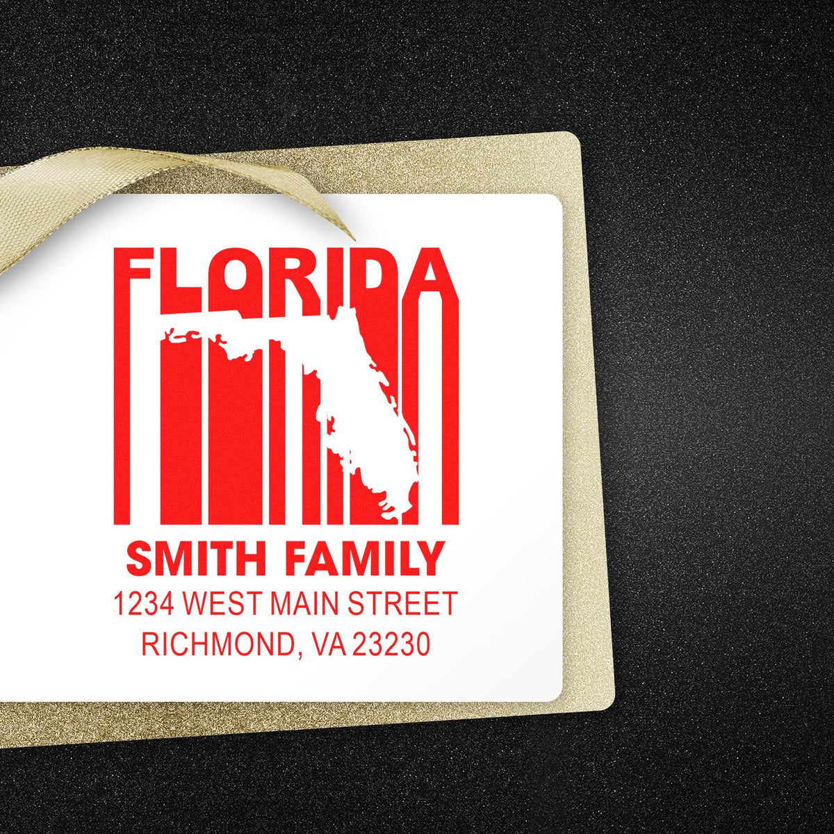 Custom Florida family address rubber stamp with state silhouette, name, and mailing address for personalized stationery.