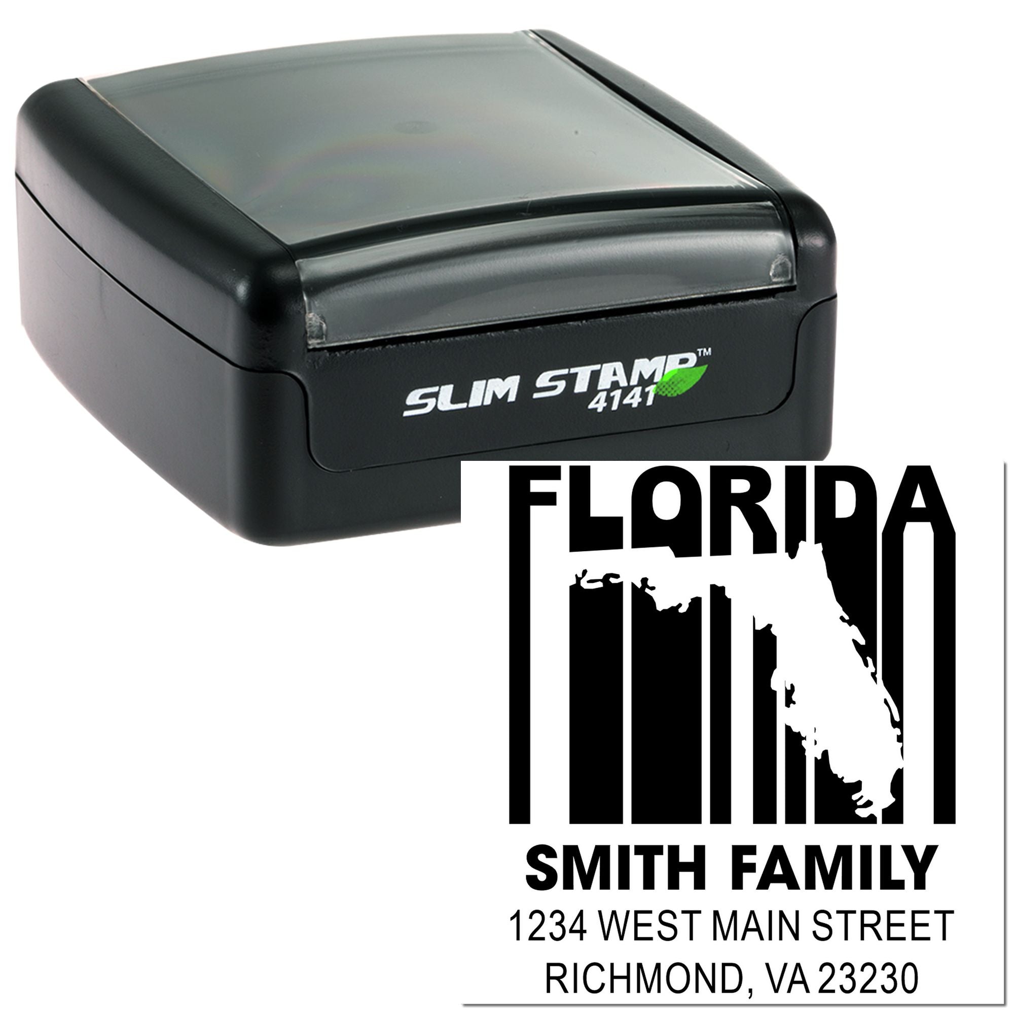 Custom self-inking rubber stamp with Florida design and Smith Family return address, shown on Slim Stamp 4141.