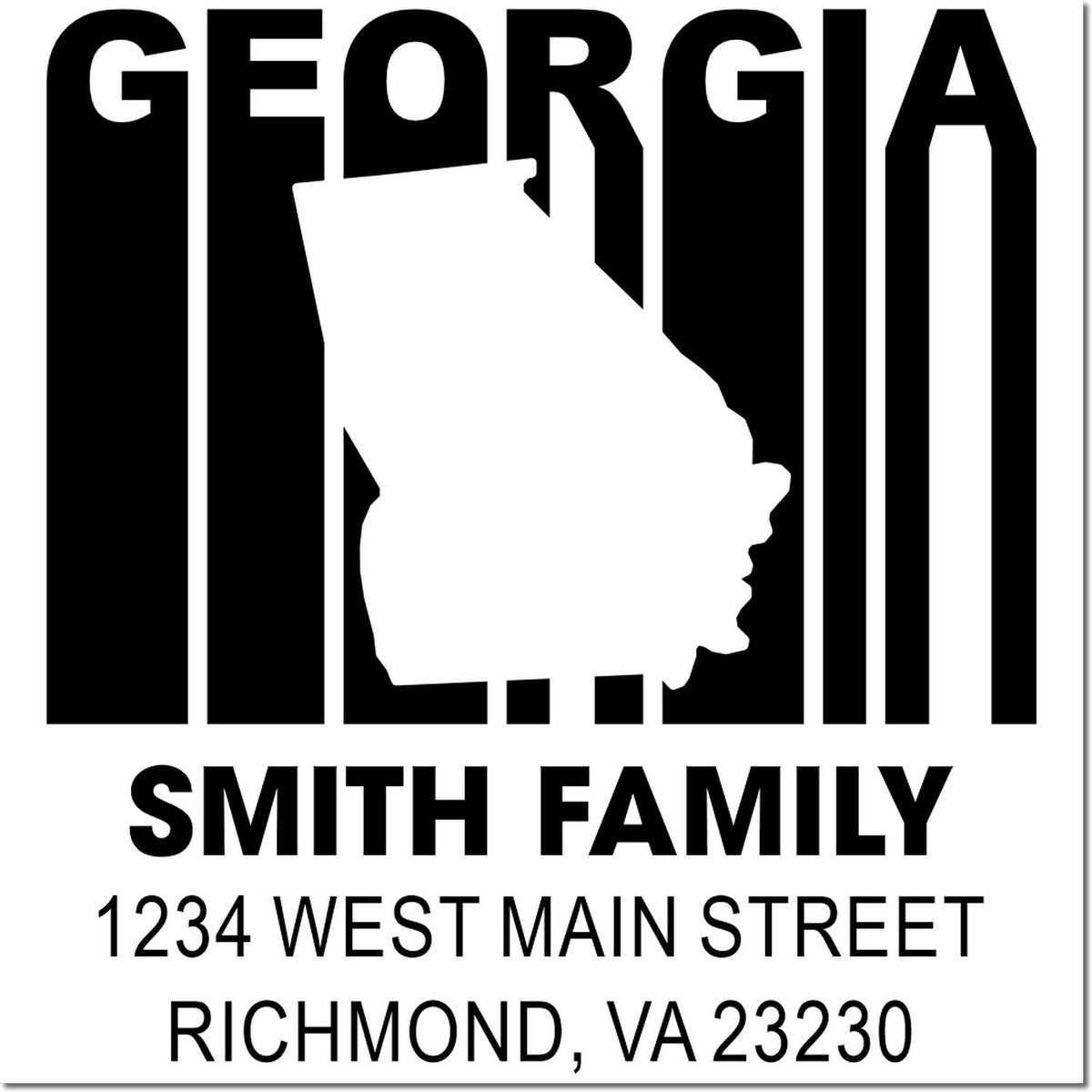 Custom Georgia return address rubber stamp with state outline, Smith Family name, and Richmond, VA mailing address.