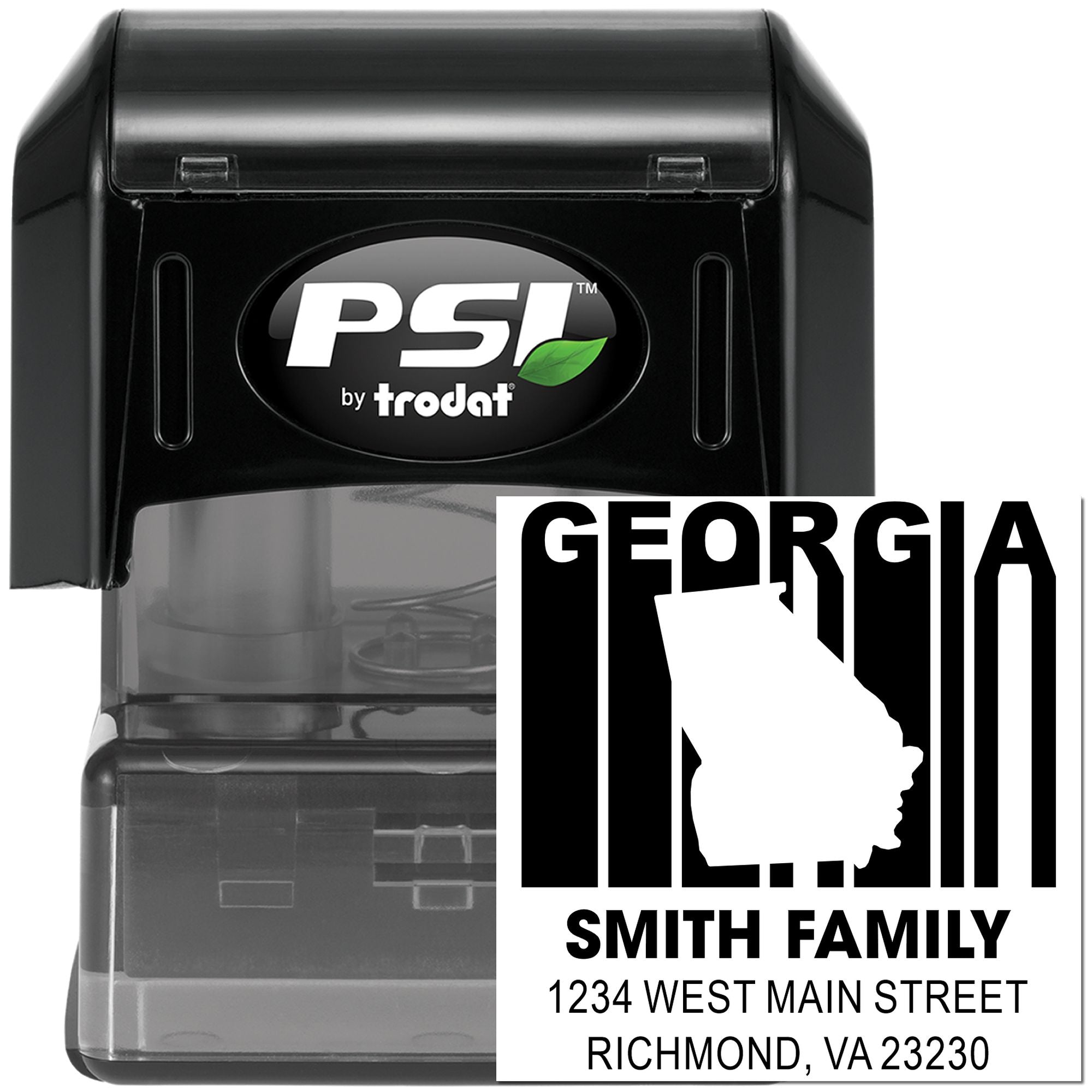 Custom address rubber stamp for Georgia Smith family, with name and mailing address.