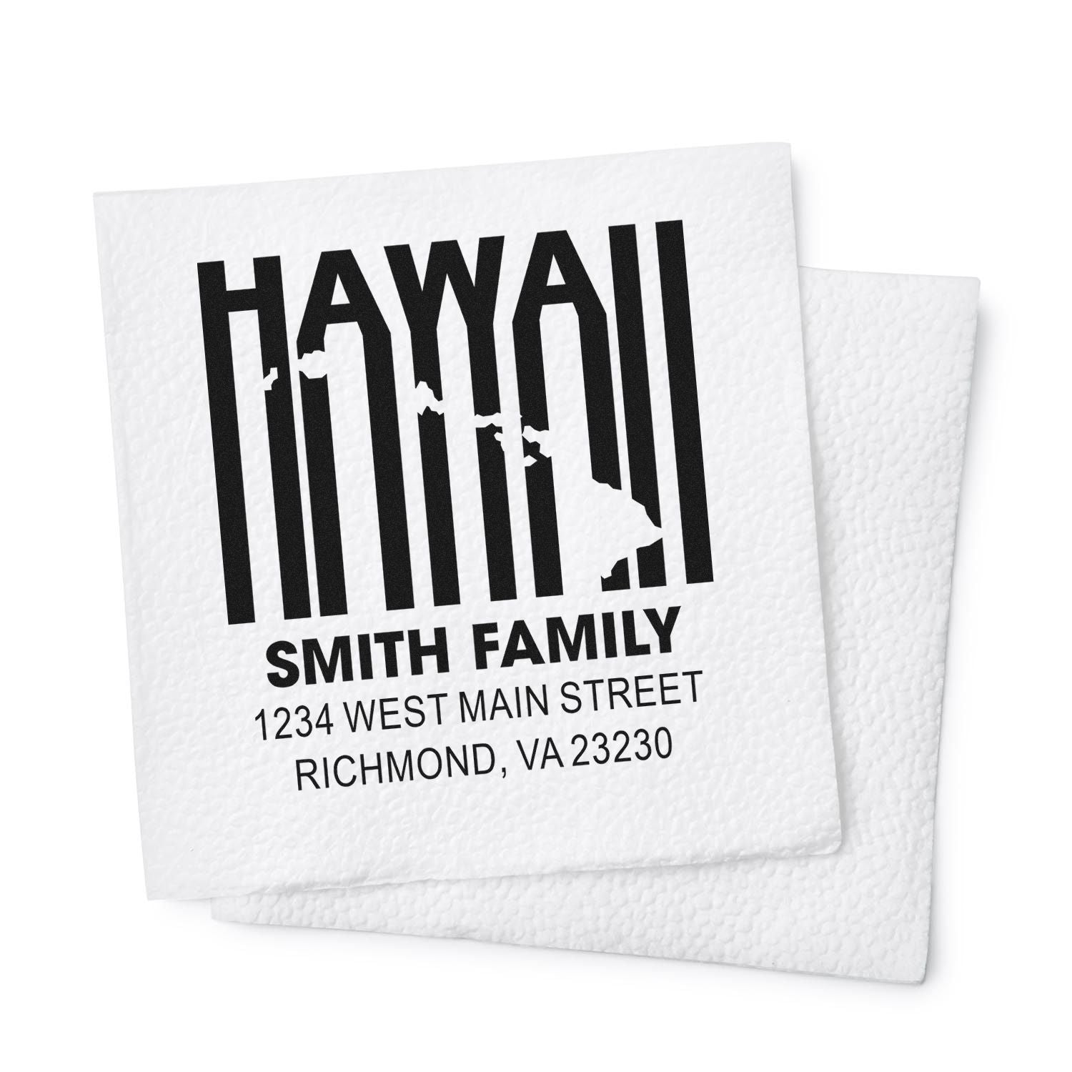 Custom Hawaii family address rubber stamp with island silhouette, Smith family name, and Richmond, VA address.