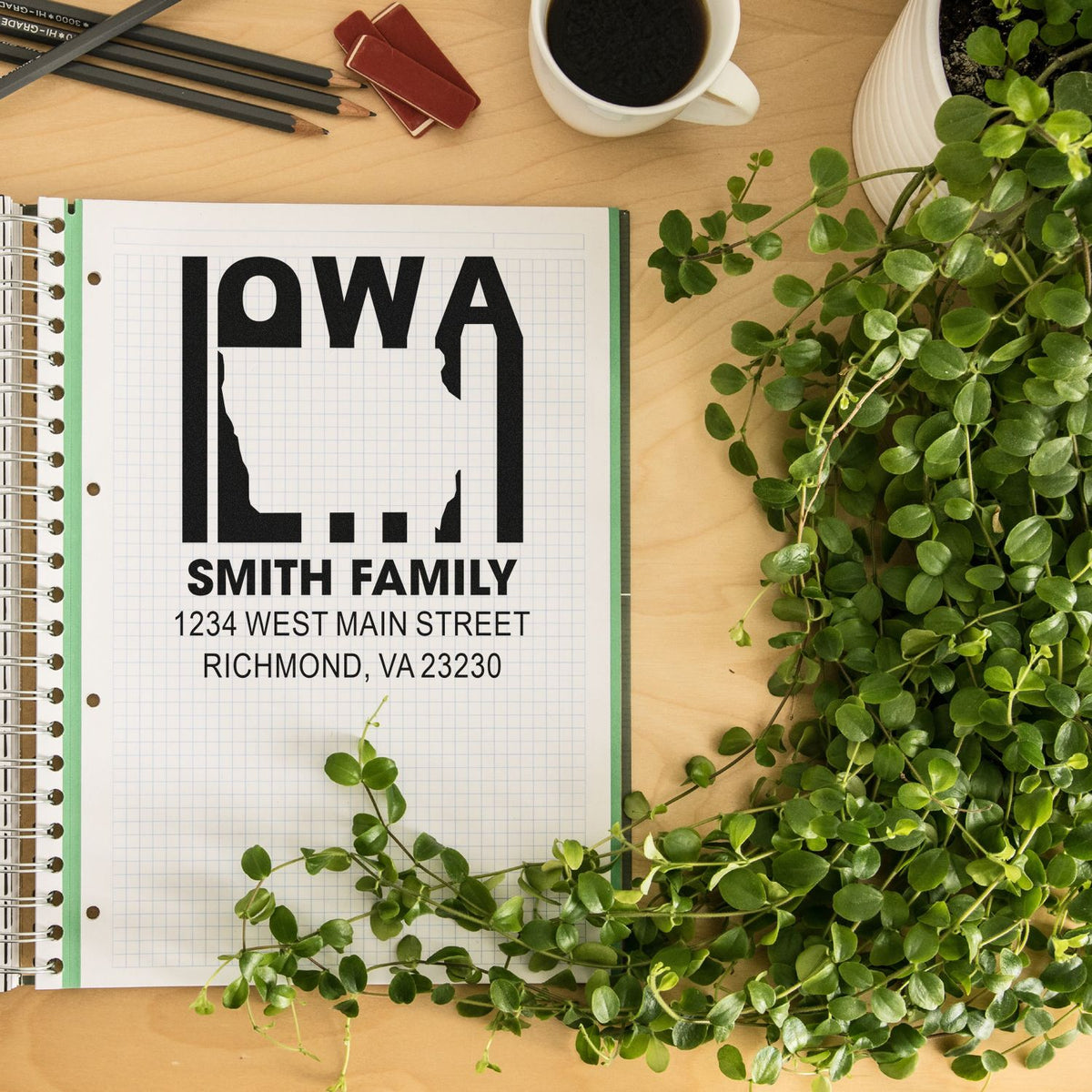 Custom Iowa family return address rubber stamp mockup with Smith family name and mailing address on a notebook page.