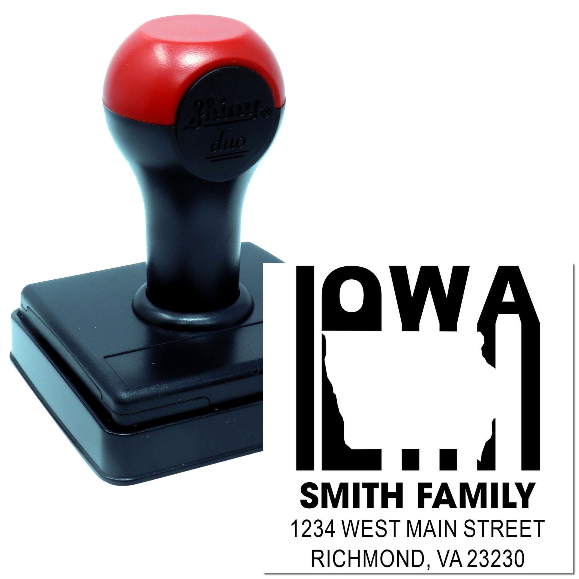 Custom Iowa self-inking address rubber stamp with family name and return address for mailings