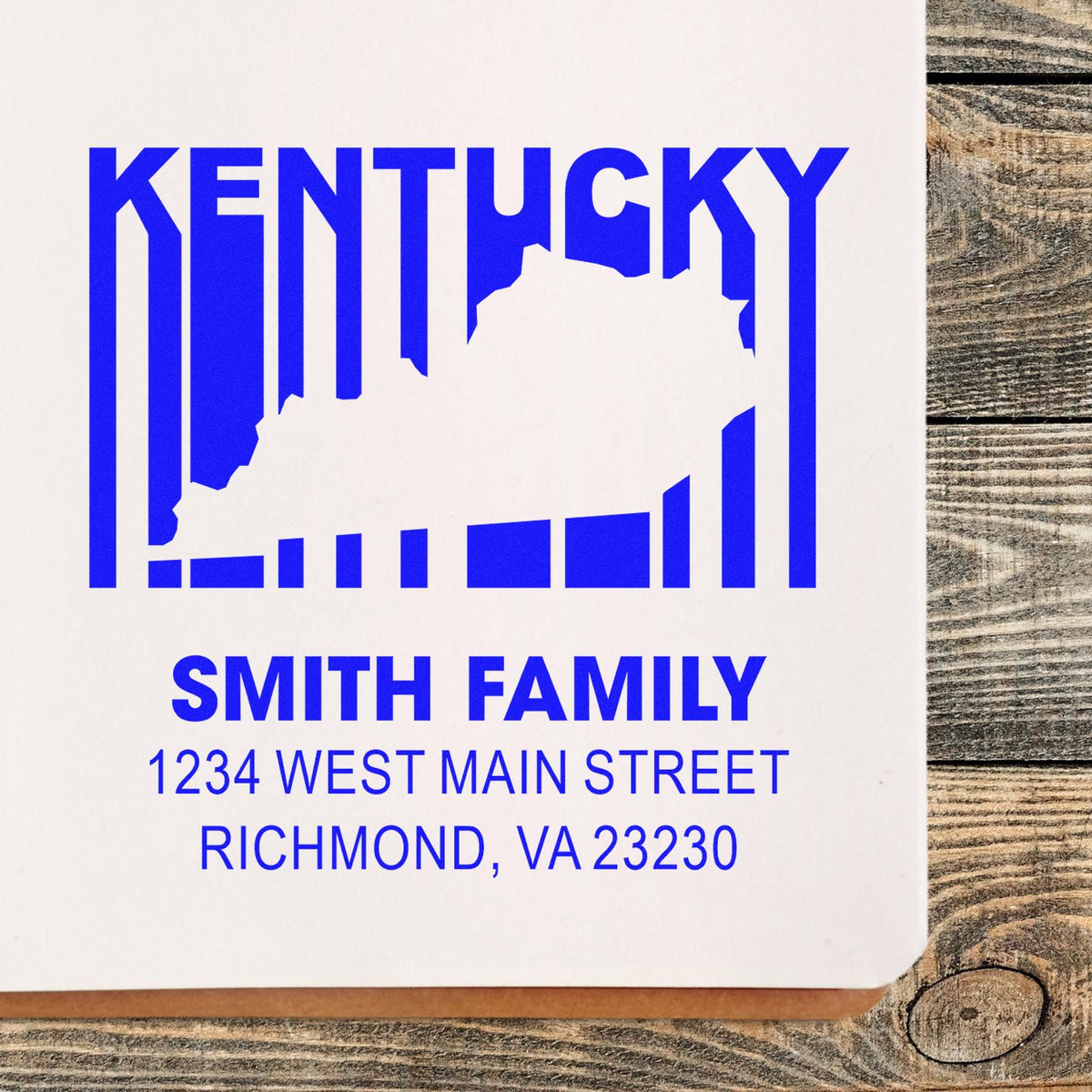 Custom Kentucky rubber stamp with state silhouette, Smith Family name, and Richmond, VA return address.
