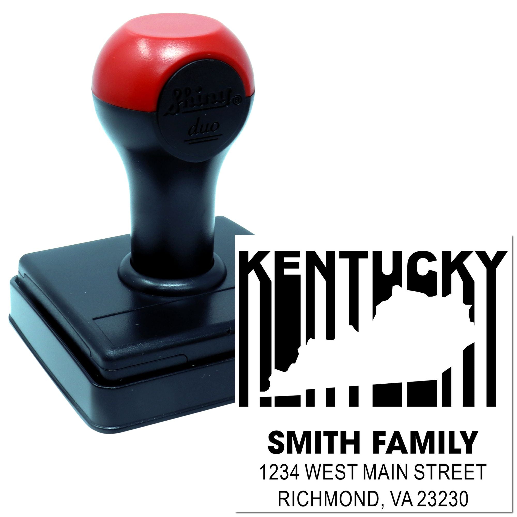 Custom Kentucky return address rubber stamp for Smith Family, with Richmond, VA 23230 imprint and self-inking stamp image.